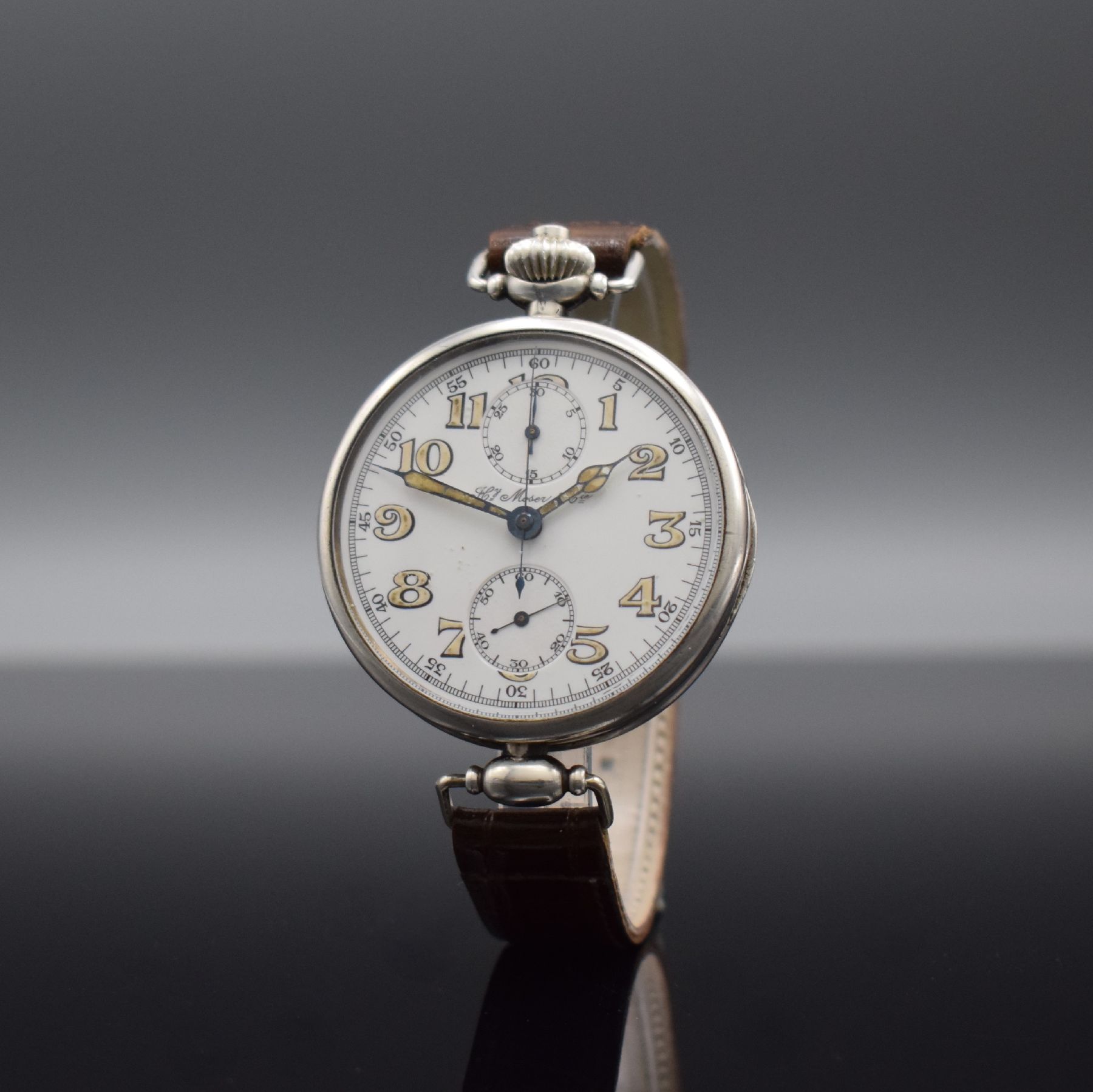 Detail b: Hy MOSER & Co. seltener früher großer Herrenchronograph in Silber, Schweiz um 1915, Handaufzug, glattes Scharniergeh., Glasrand aufgedr., bewegl. ...
