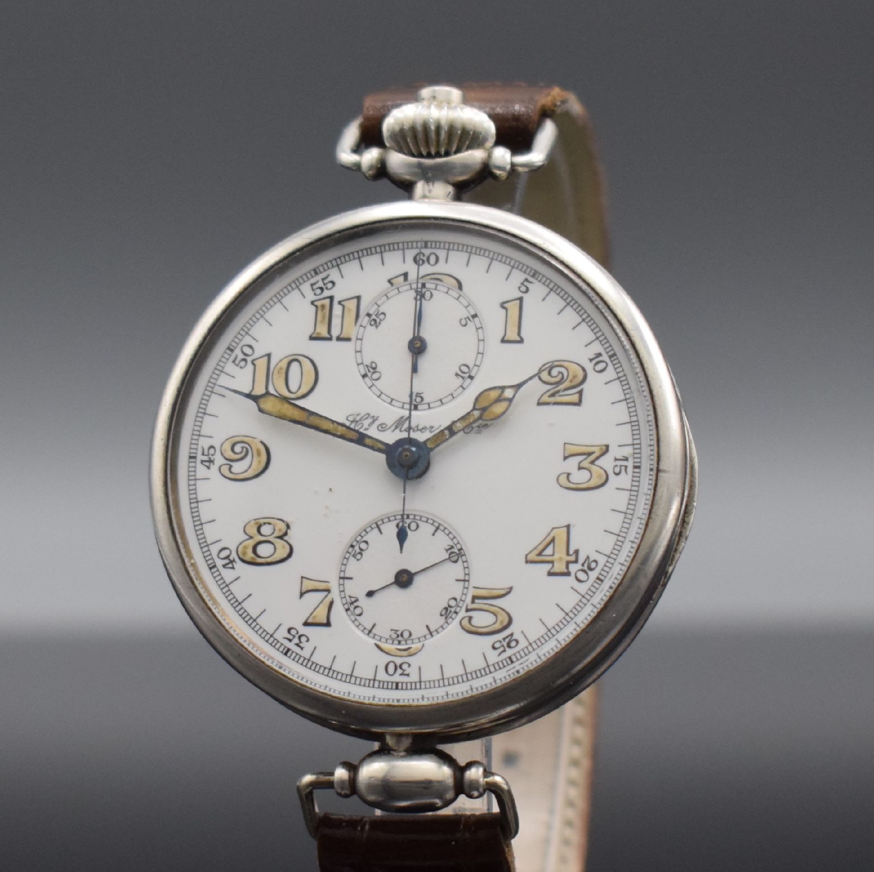 Detail c: Hy MOSER & Co. seltener früher großer Herrenchronograph in Silber, Schweiz um 1915, Handaufzug, glattes Scharniergeh., Glasrand aufgedr., bewegl. ...