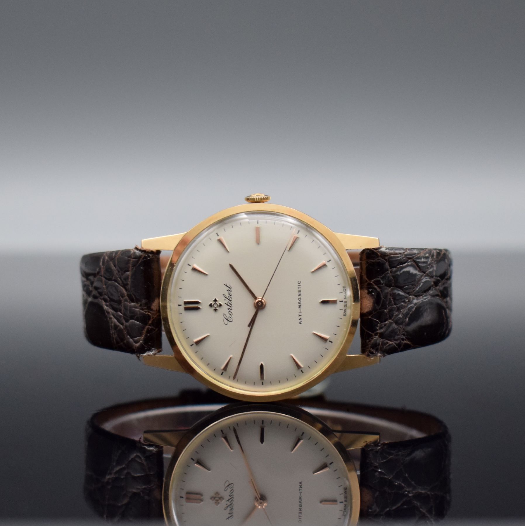 CORTEBERT Anti-Magnetic nahezu neuwertige große -37,5 mm- Herrenarmbanduhr in RG 585/000, Schweiz um 1945, Handaufzug, 2- teil. Gehäuse, Boden ...