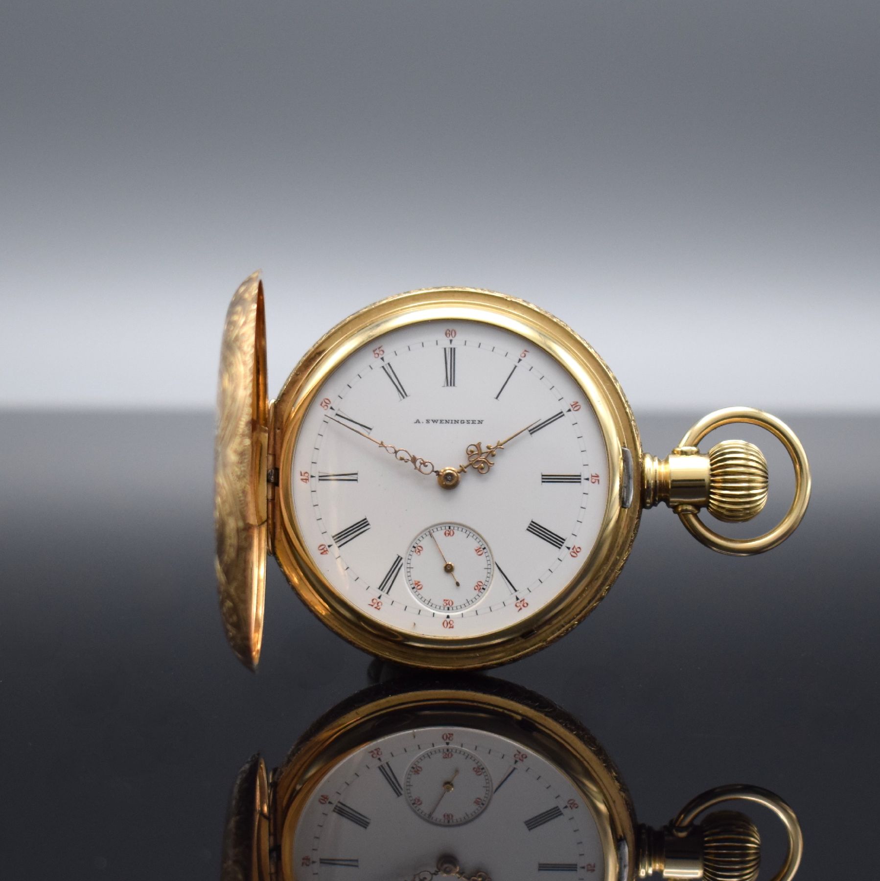 LONGINES / Sweningsen Kal. 21.59 schwere seltene Herrensavonette in GG 585/000, Schweiz/USA um 1880, vollgrav. 3-Deckel Goldgeh., 2-teil. ...