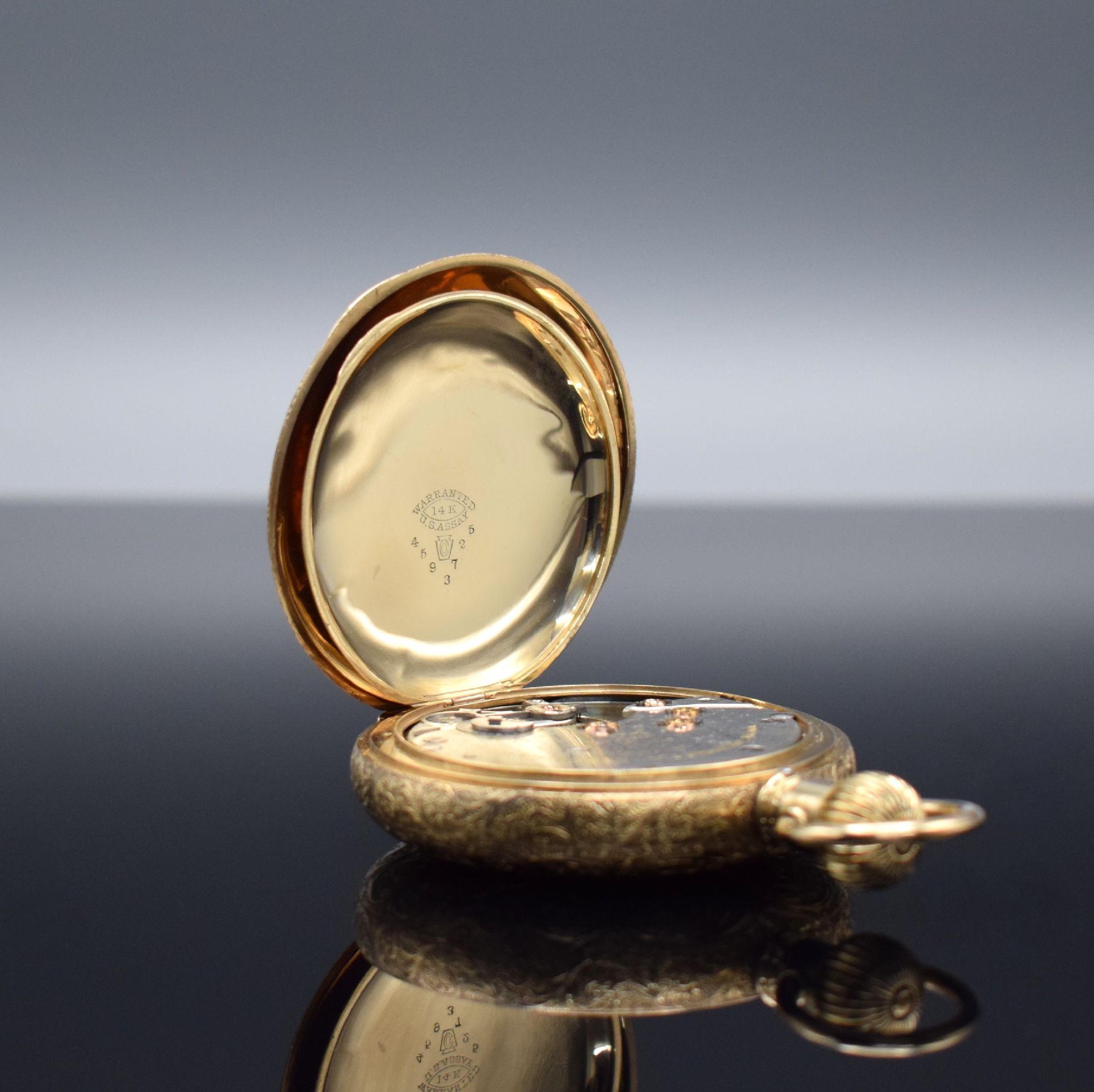 Detail f: LONGINES / Sweningsen Kal. 21.59 schwere seltene Herrensavonette in GG 585/000, Schweiz/USA um 1880, vollgrav. 3-Deckel Goldgeh., 2-teil. ...