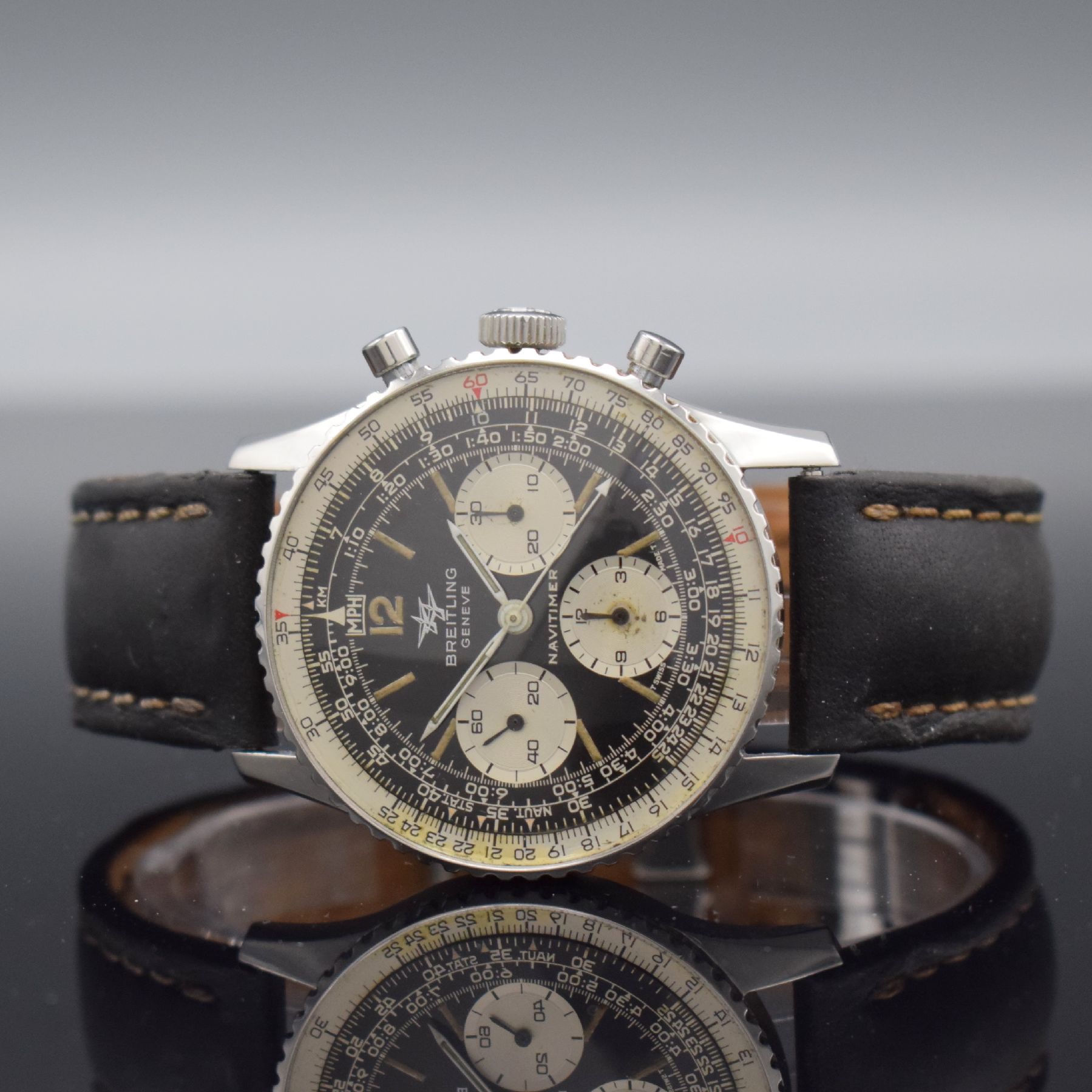 BREITLING Navitimer Herrenarmbanduhr mit Schaltradchronograph in Stahl, Schweiz um 1964, Handaufzug, Ref. 806, Boden aufgedr., spät. orig. Breitling ...