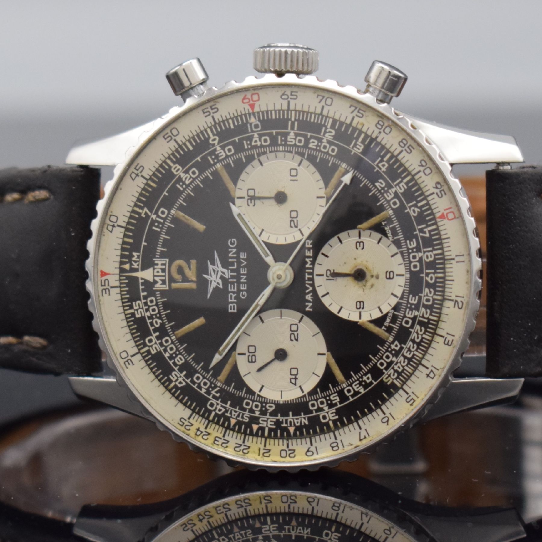 Detail a: BREITLING Navitimer Herrenarmbanduhr mit Schaltradchronograph in Stahl, Schweiz um 1964, Handaufzug, Ref. 806, Boden aufgedr., spät. orig. Breitling ...