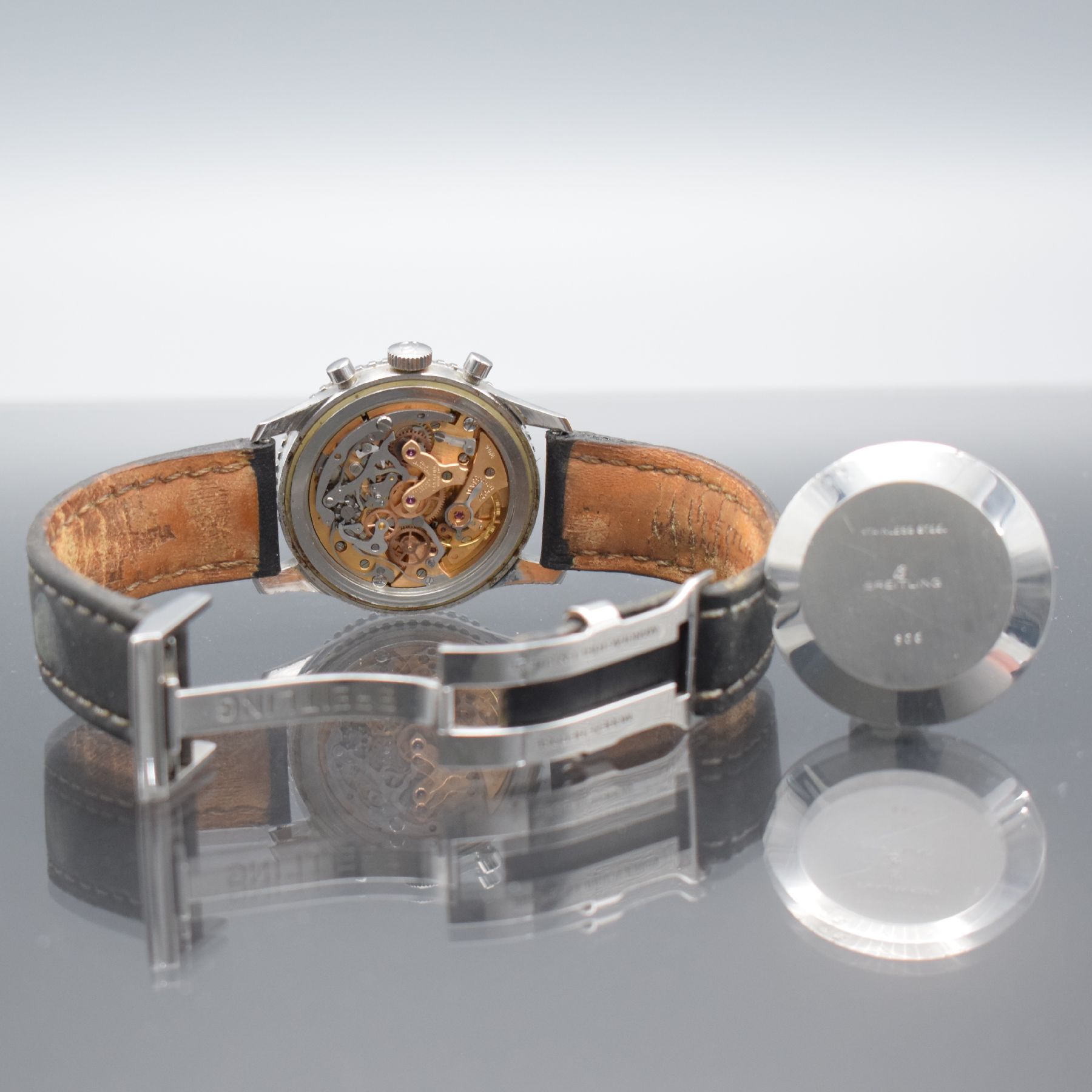 Detail f: BREITLING Navitimer Herrenarmbanduhr mit Schaltradchronograph in Stahl, Schweiz um 1964, Handaufzug, Ref. 806, Boden aufgedr., spät. orig. Breitling ...