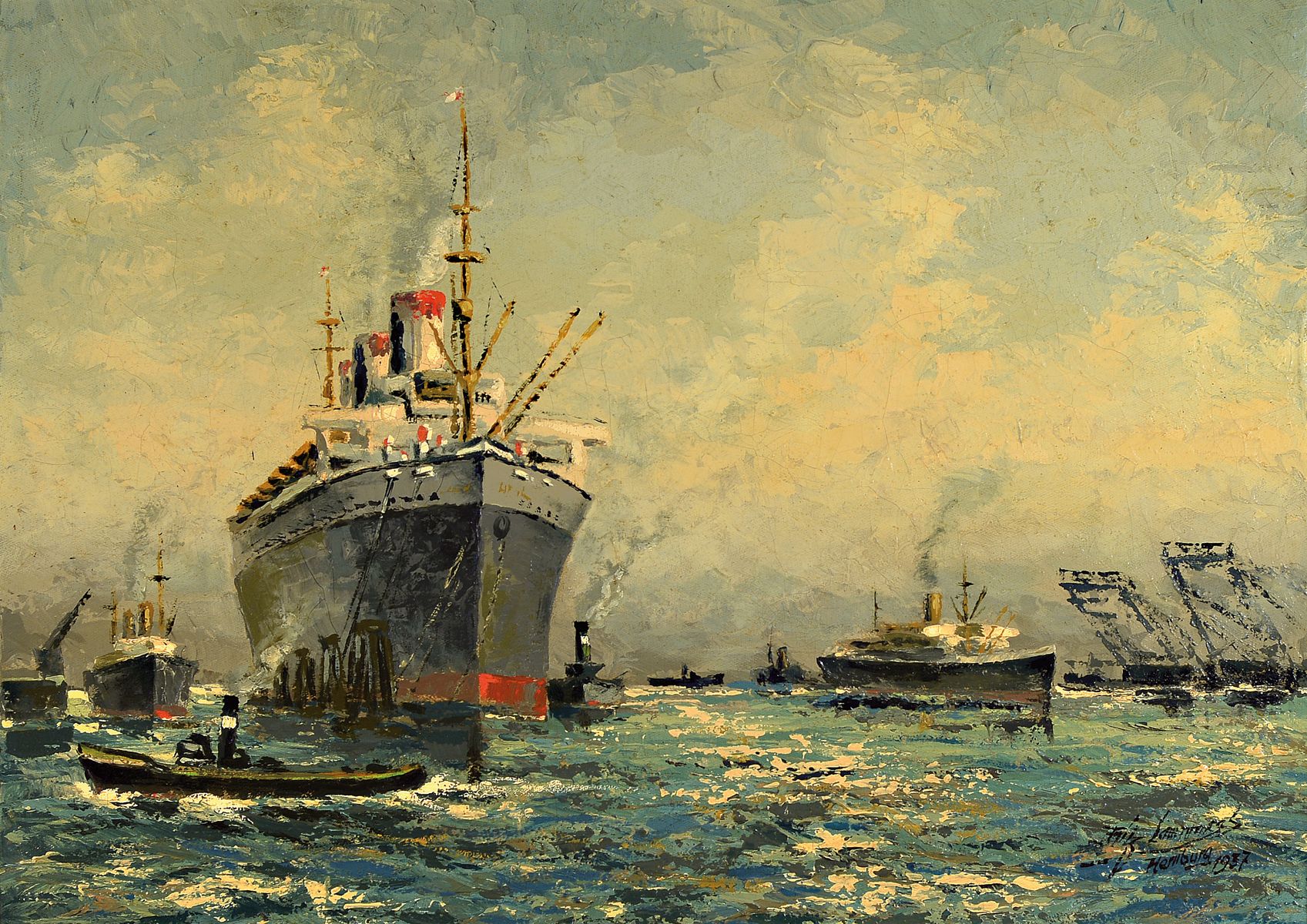 Unbekannter Künstler, datiert Hamburg 1937, Hamburger Hafen mit Dampfschiffen und Hafenschleppern, Öl/Lwd, rechts unten unleserlich signiert (Fritz ...