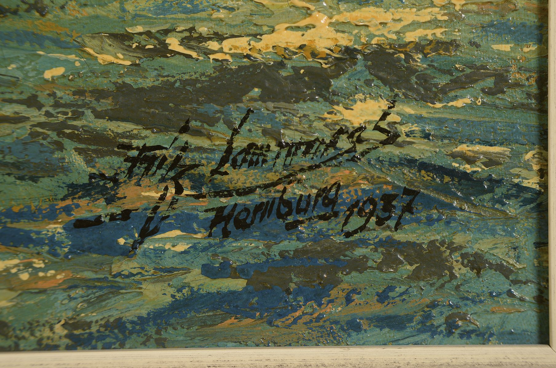 Detail a: Unbekannter Künstler, datiert Hamburg 1937, Hamburger Hafen mit Dampfschiffen und Hafenschleppern, Öl/Lwd, rechts unten unleserlich signiert (Fritz ...