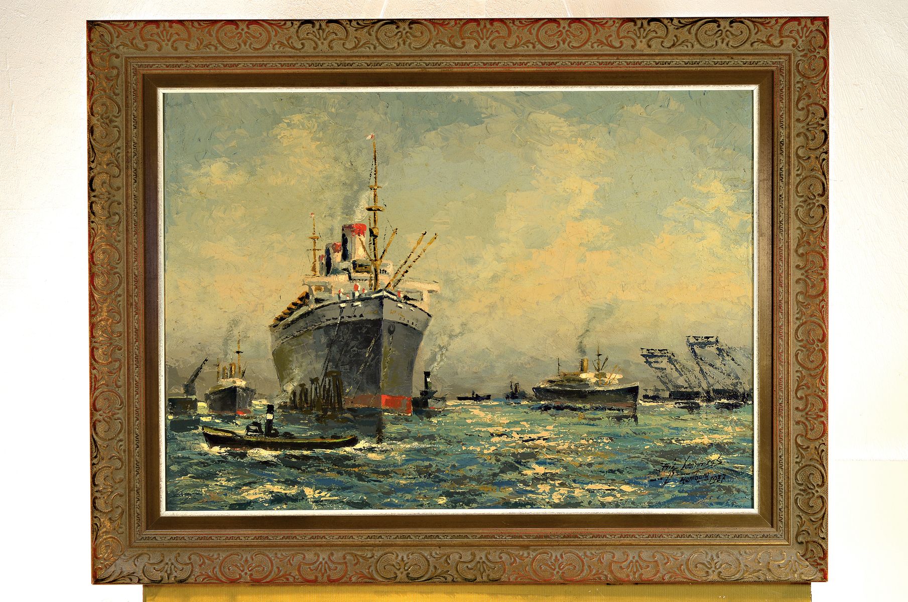 Detail k: Unbekannter Künstler, datiert Hamburg 1937, Hamburger Hafen mit Dampfschiffen und Hafenschleppern, Öl/Lwd, rechts unten unleserlich signiert (Fritz ...