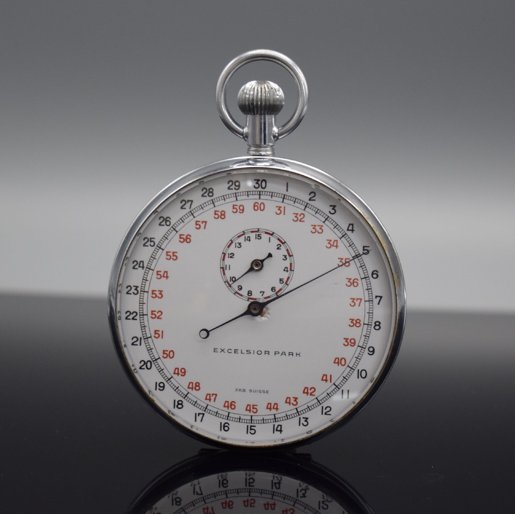 EXCELSIOR PARK seltene große Stoppuhr 70 mm, Schweiz um 1930, verchr. Scharniergehäuse, Emailzifferbl. m. schwarzer & roter Skala, 30 Sekunden ...
