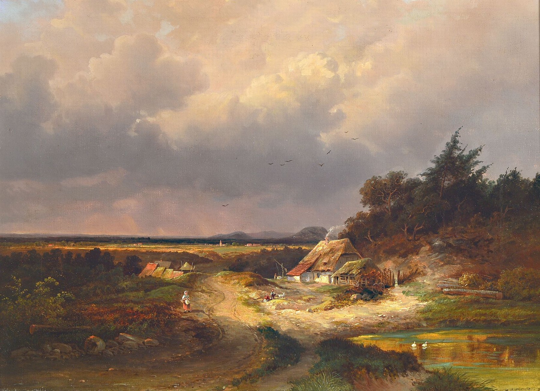 wohl niederländische Schule, um 1870, weite tiefe Landschaft mit gestaffelter Wolkenbildung, im Vordergrund ländliches Gehöft mit Flusslauf und ...