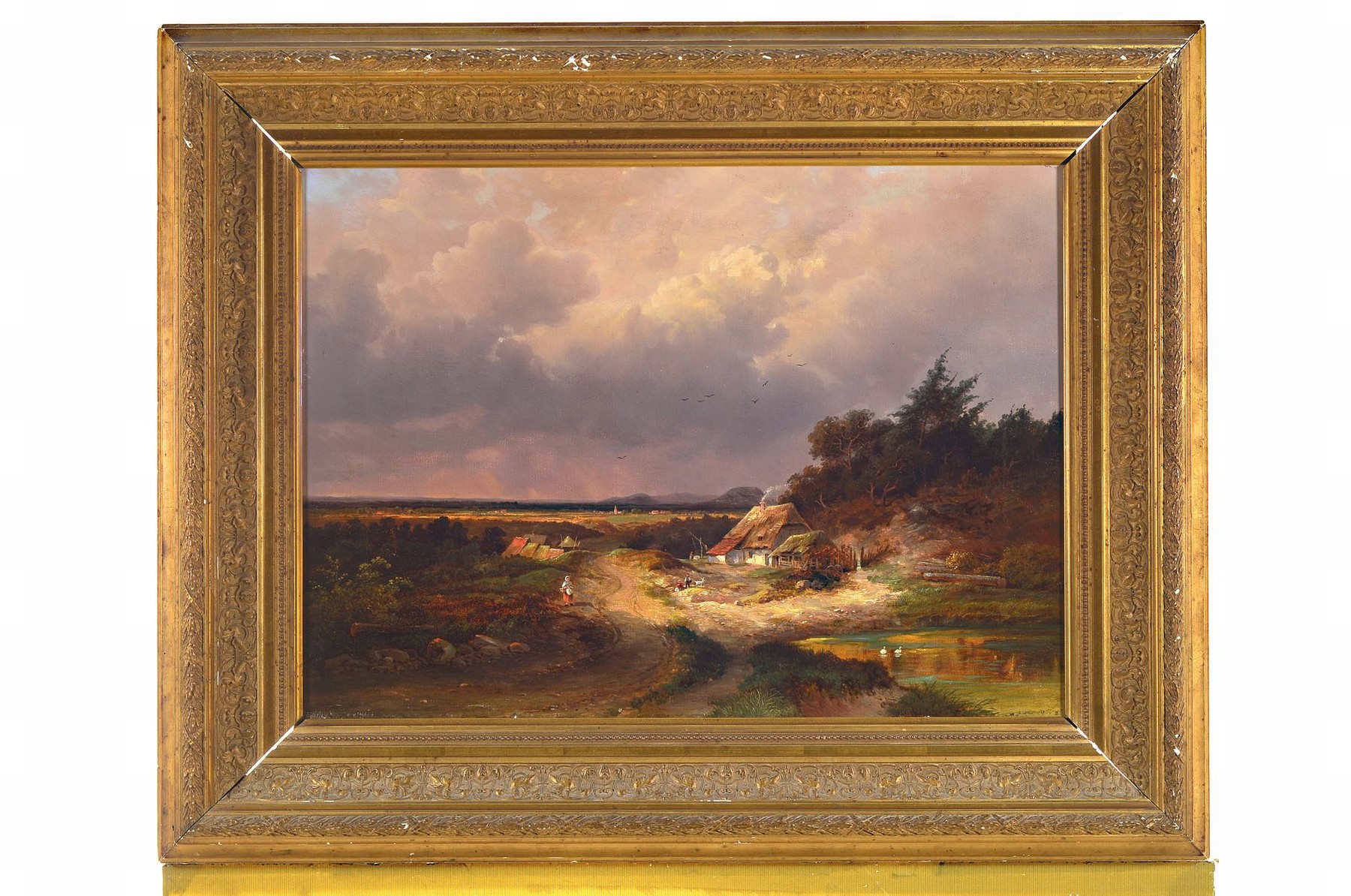 Detail k: wohl niederländische Schule, um 1870, weite tiefe Landschaft mit gestaffelter Wolkenbildung, im Vordergrund ländliches Gehöft mit Flusslauf und ...