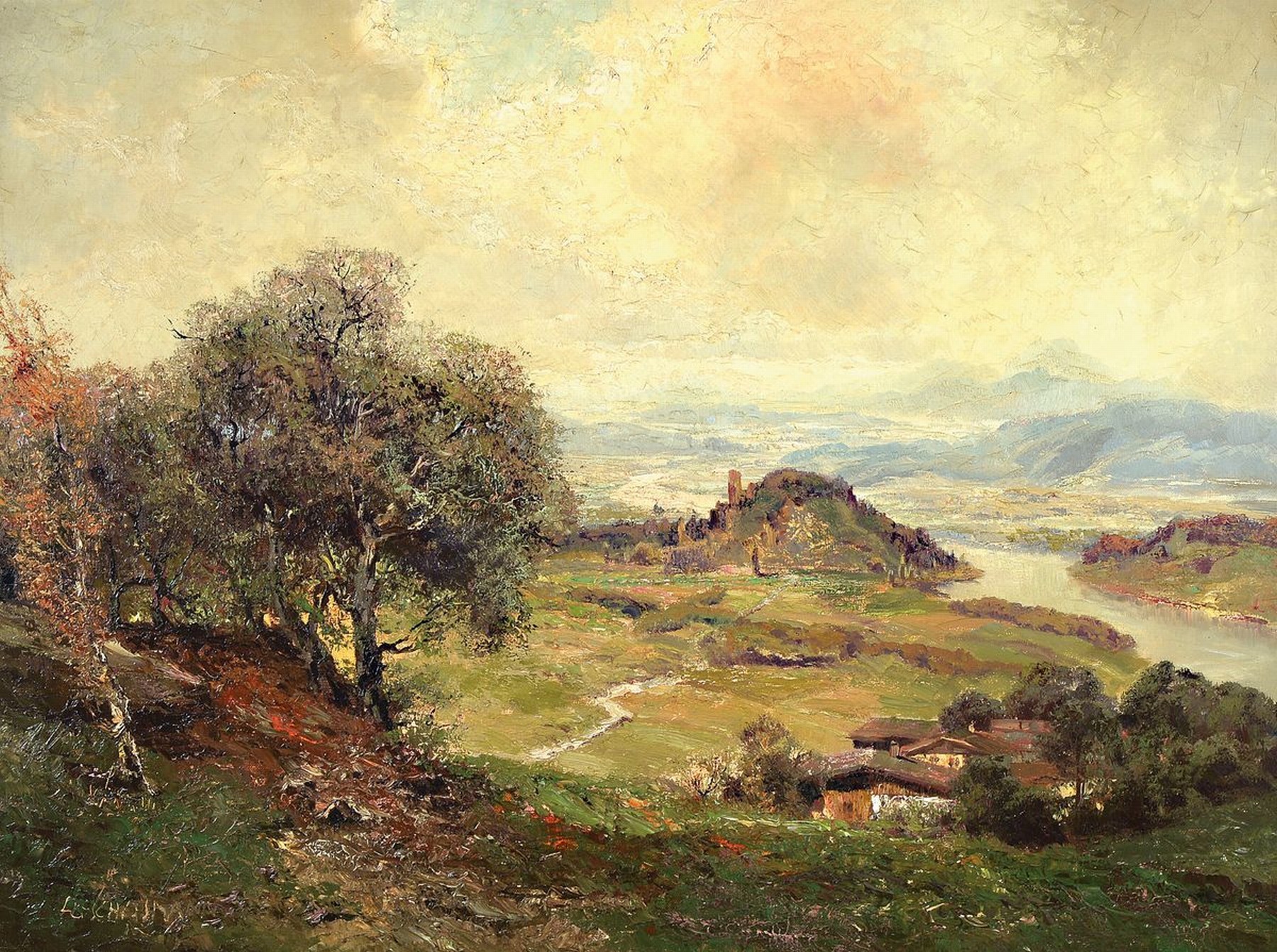 Ludwig Gschossmann, 1901 München-1988 Tegernsee, Blick ins Ennstal (Steiermark), rückseitig so betitelt, Öl/Lwd, links unten signiert, ca. ...