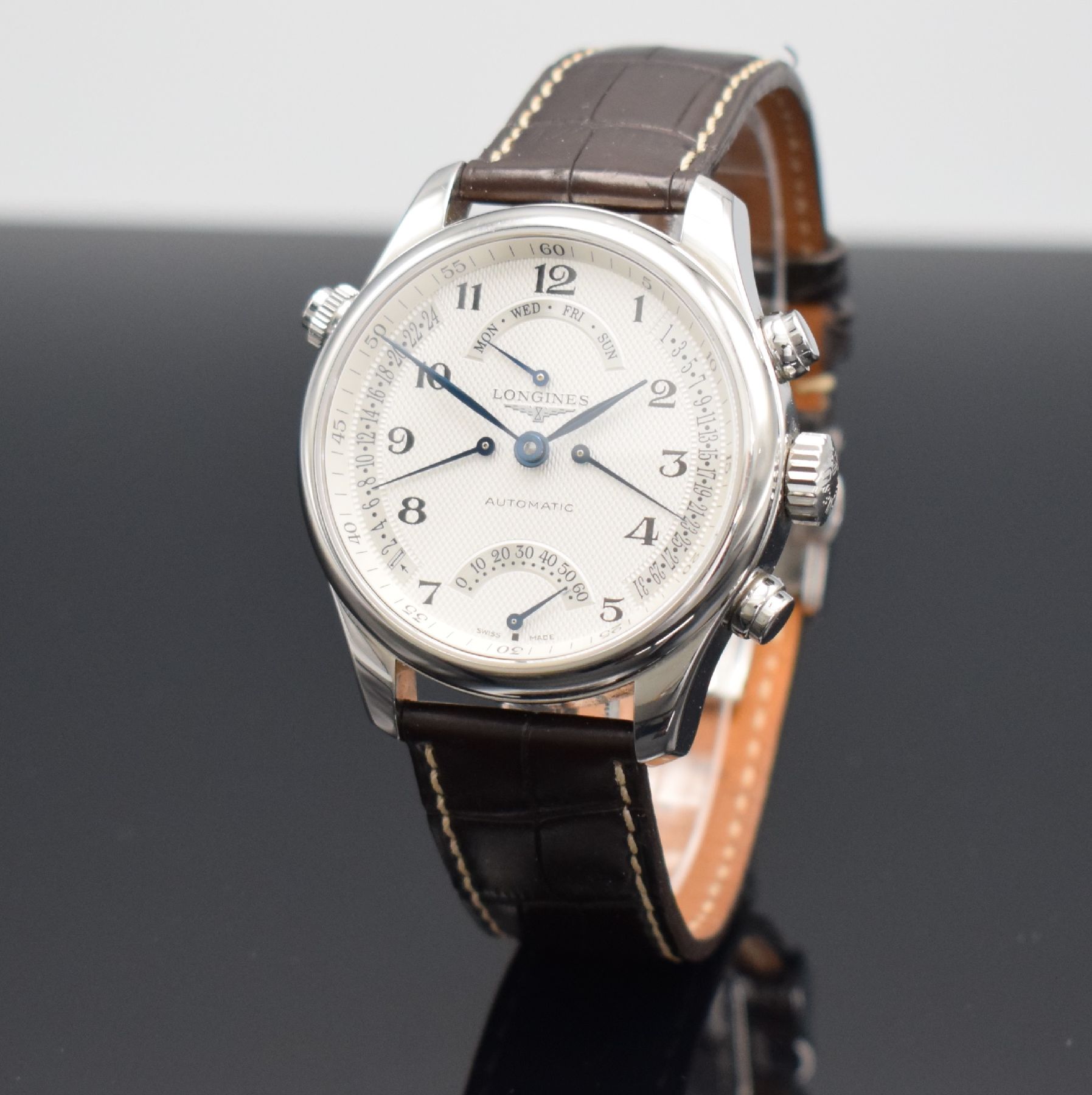 Detail c: LONGINES Master Collection Retrograde interessante Herrenarmbanduhr mit retrograder Anzeige für 2.-Zeitzone, Tag, Datum & Gangreserve, Schweiz um ...