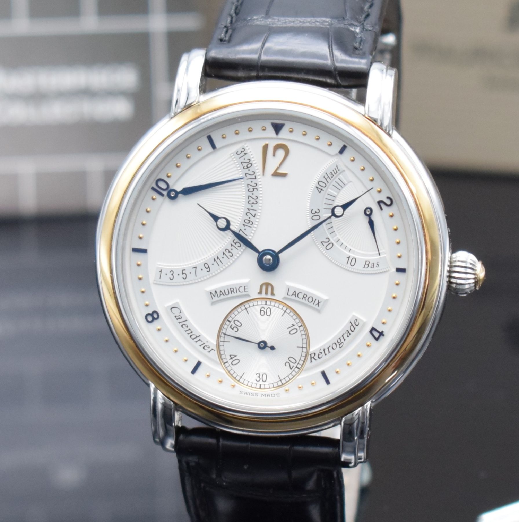 Detail d: MAURICE LACROIX Herrenarmbanduhr aus der Masterpiece Collection Modell Calendrier Rétrograde, Schweiz um 200z, Handaufzug, Ref. MP 7068, ...