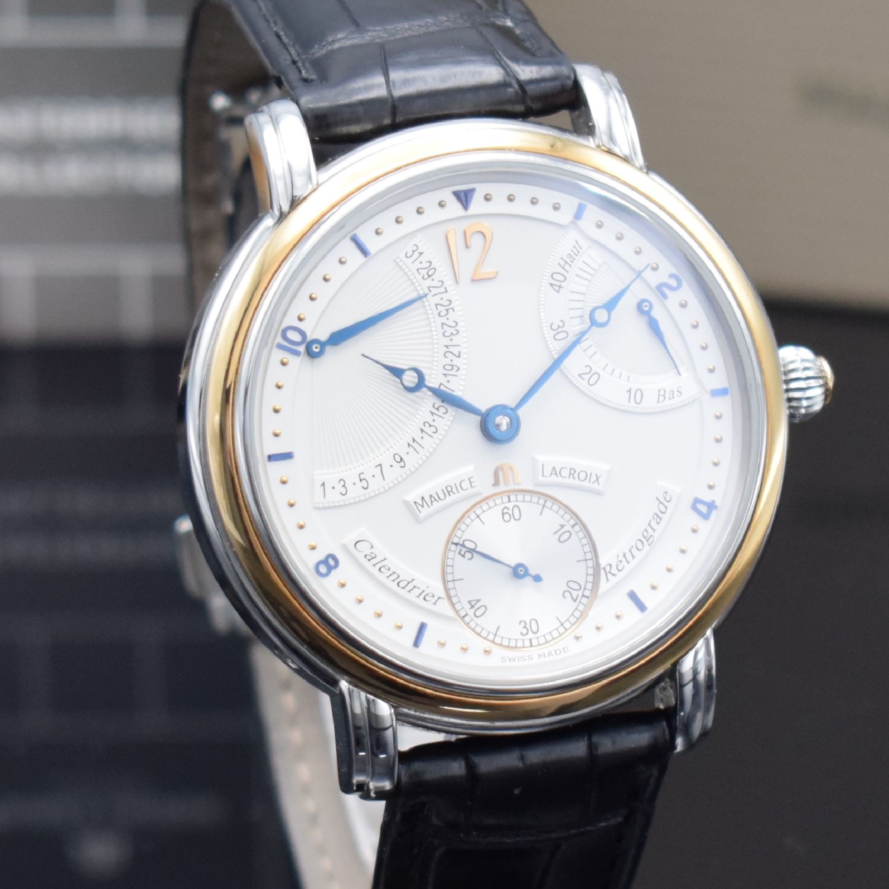Detail f: MAURICE LACROIX Herrenarmbanduhr aus der Masterpiece Collection Modell Calendrier Rétrograde, Schweiz um 200z, Handaufzug, Ref. MP 7068, ...