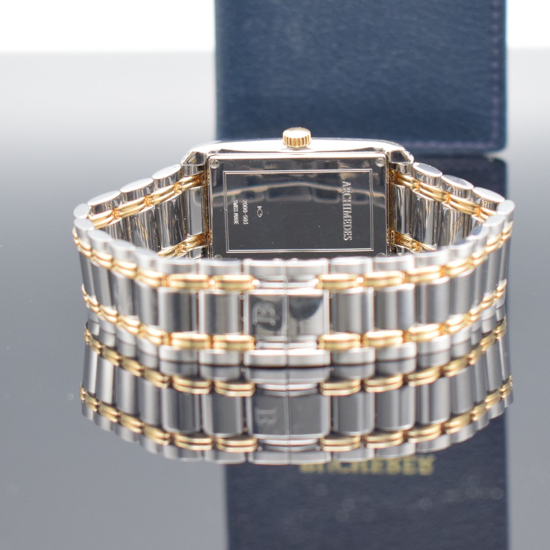 Detail d: BUCHERER rechteckige Herrenarmbanduhr Modell Archimedes in Stahl/Gold, Schweiz verk. lt. beil. Pap. 03/1996, Automatik, Ref. 2000-503, Boden 4-fach ...