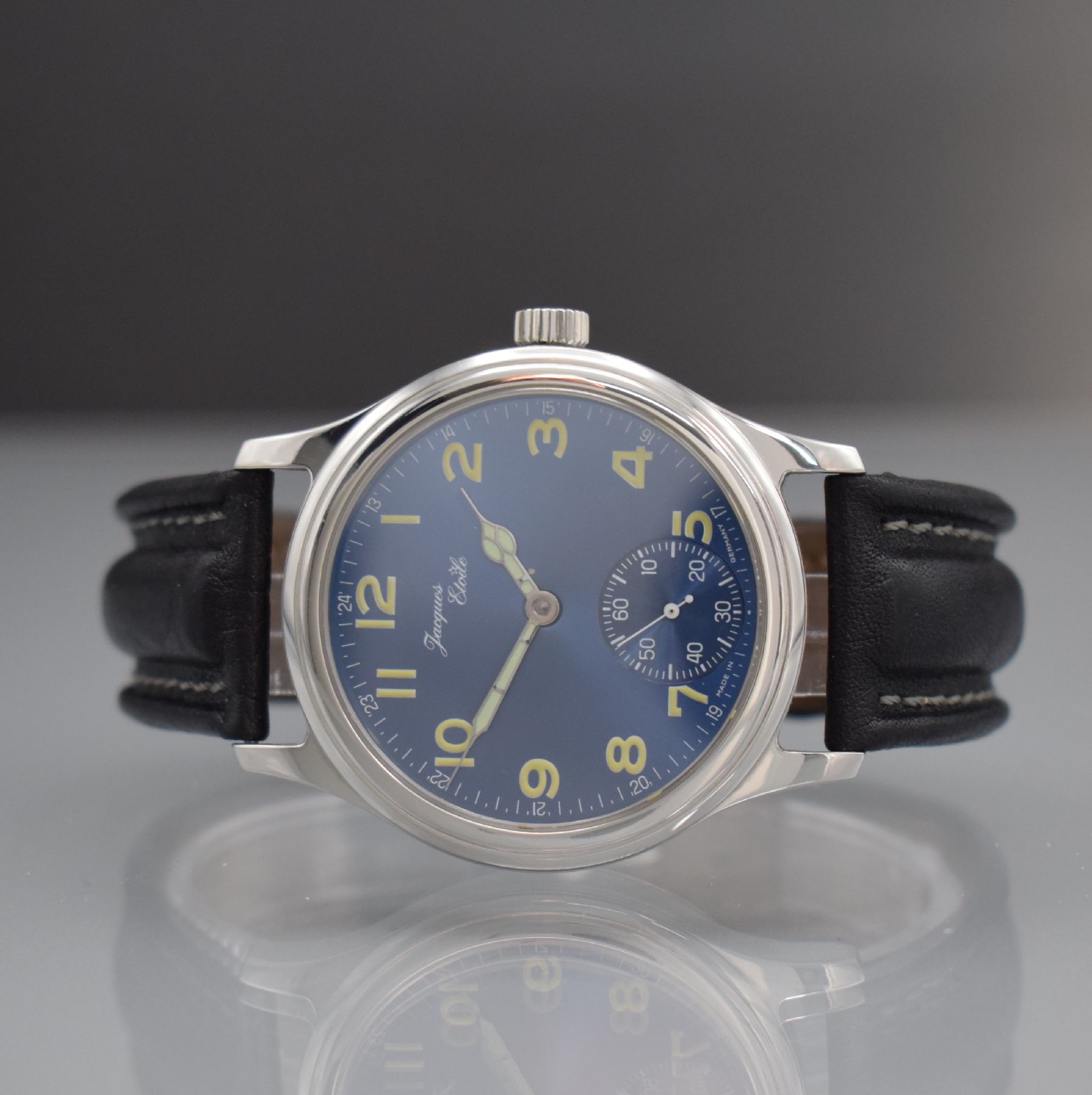 JACQUES ETOILE Herrenarmbanduhr Modell Lissabon in Stahl, Deutschland verk. lt. beil. Pap. 04/1998, Handaufzug, beids. vergl., Boden gedr., orig. ...