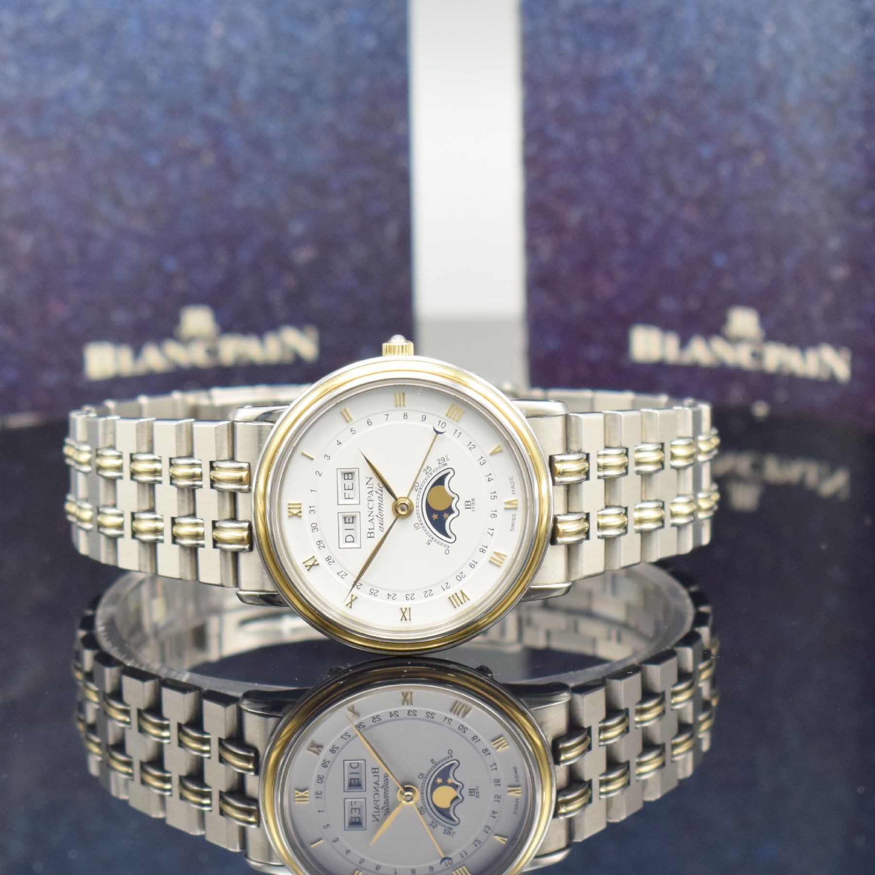 BLANCPAIN Herrenarmbanduhr mit Vollkalender & Mondphase in Stahl/Gold, Schweiz verk. lt. beil. Pap. 05/1987, Automatik, Boden & Glasrand aufgedr., ...