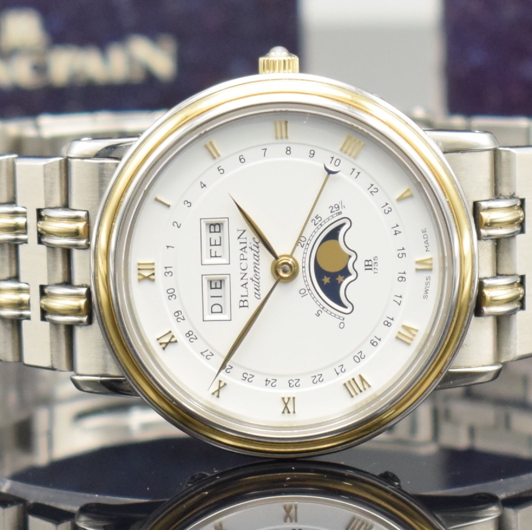 Detail a: BLANCPAIN Herrenarmbanduhr mit Vollkalender & Mondphase in Stahl/Gold, Schweiz verk. lt. beil. Pap. 05/1987, Automatik, Boden & Glasrand aufgedr., ...