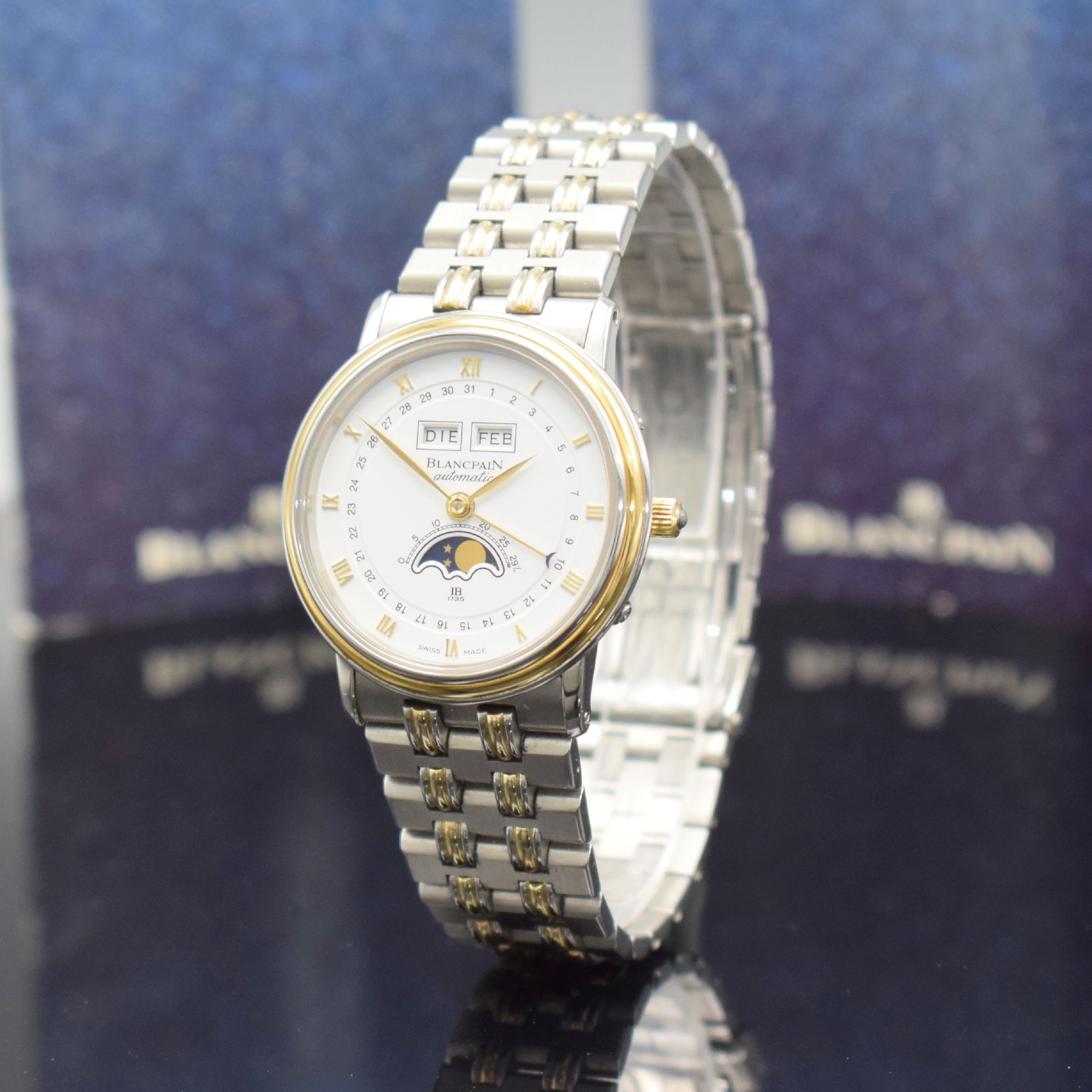 Detail b: BLANCPAIN Herrenarmbanduhr mit Vollkalender & Mondphase in Stahl/Gold, Schweiz verk. lt. beil. Pap. 05/1987, Automatik, Boden & Glasrand aufgedr., ...