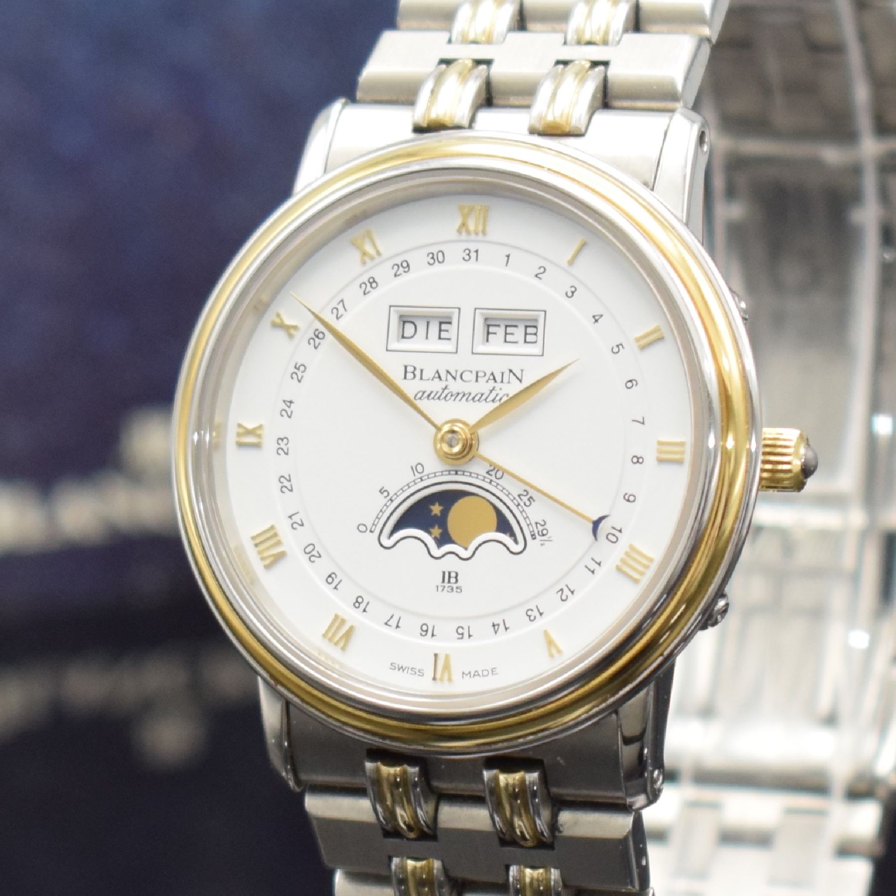 Detail c: BLANCPAIN Herrenarmbanduhr mit Vollkalender & Mondphase in Stahl/Gold, Schweiz verk. lt. beil. Pap. 05/1987, Automatik, Boden & Glasrand aufgedr., ...