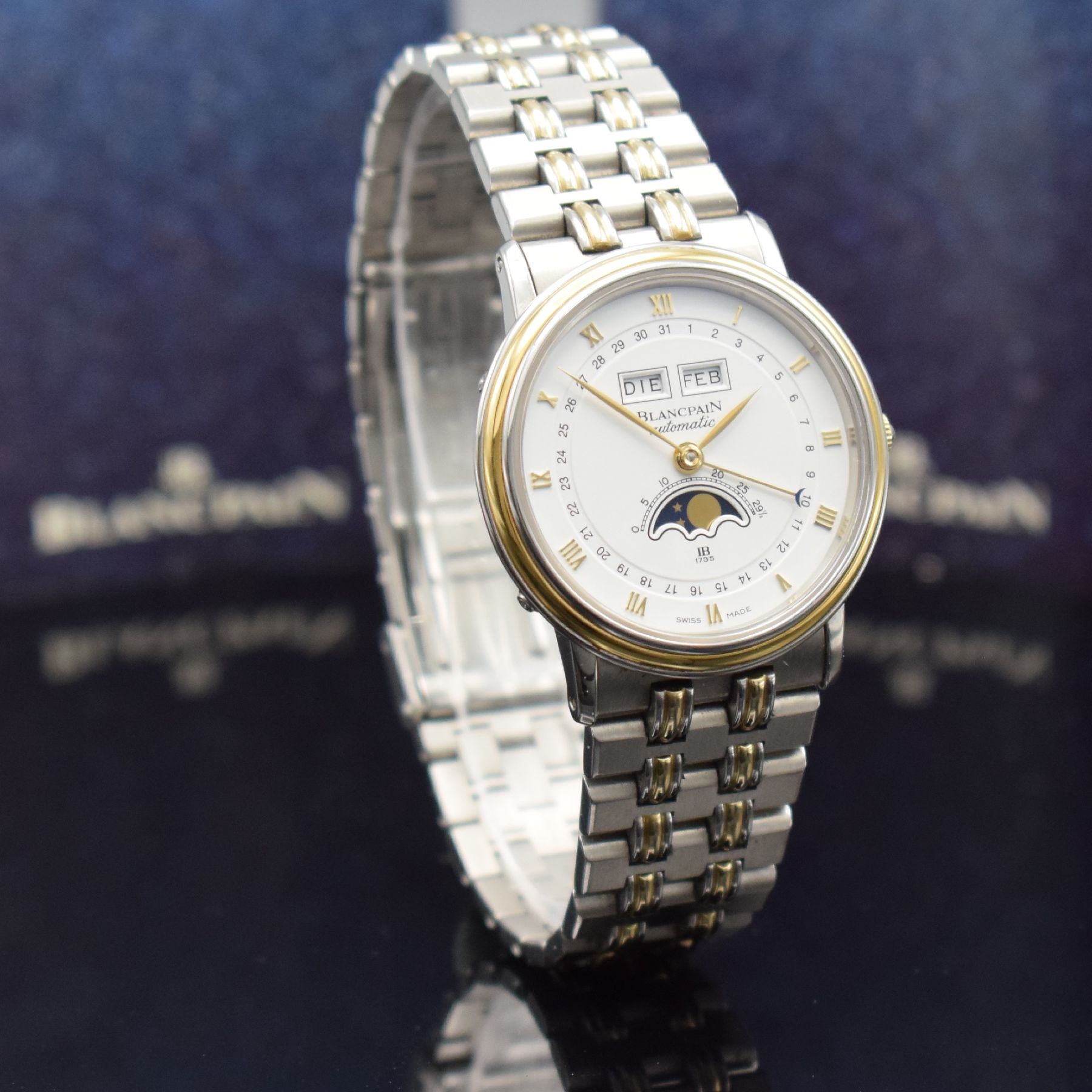 Detail d: BLANCPAIN Herrenarmbanduhr mit Vollkalender & Mondphase in Stahl/Gold, Schweiz verk. lt. beil. Pap. 05/1987, Automatik, Boden & Glasrand aufgedr., ...