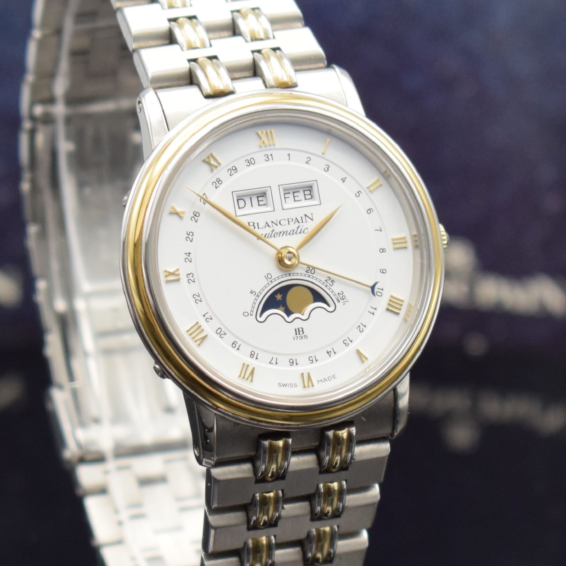 Detail e: BLANCPAIN Herrenarmbanduhr mit Vollkalender & Mondphase in Stahl/Gold, Schweiz verk. lt. beil. Pap. 05/1987, Automatik, Boden & Glasrand aufgedr., ...