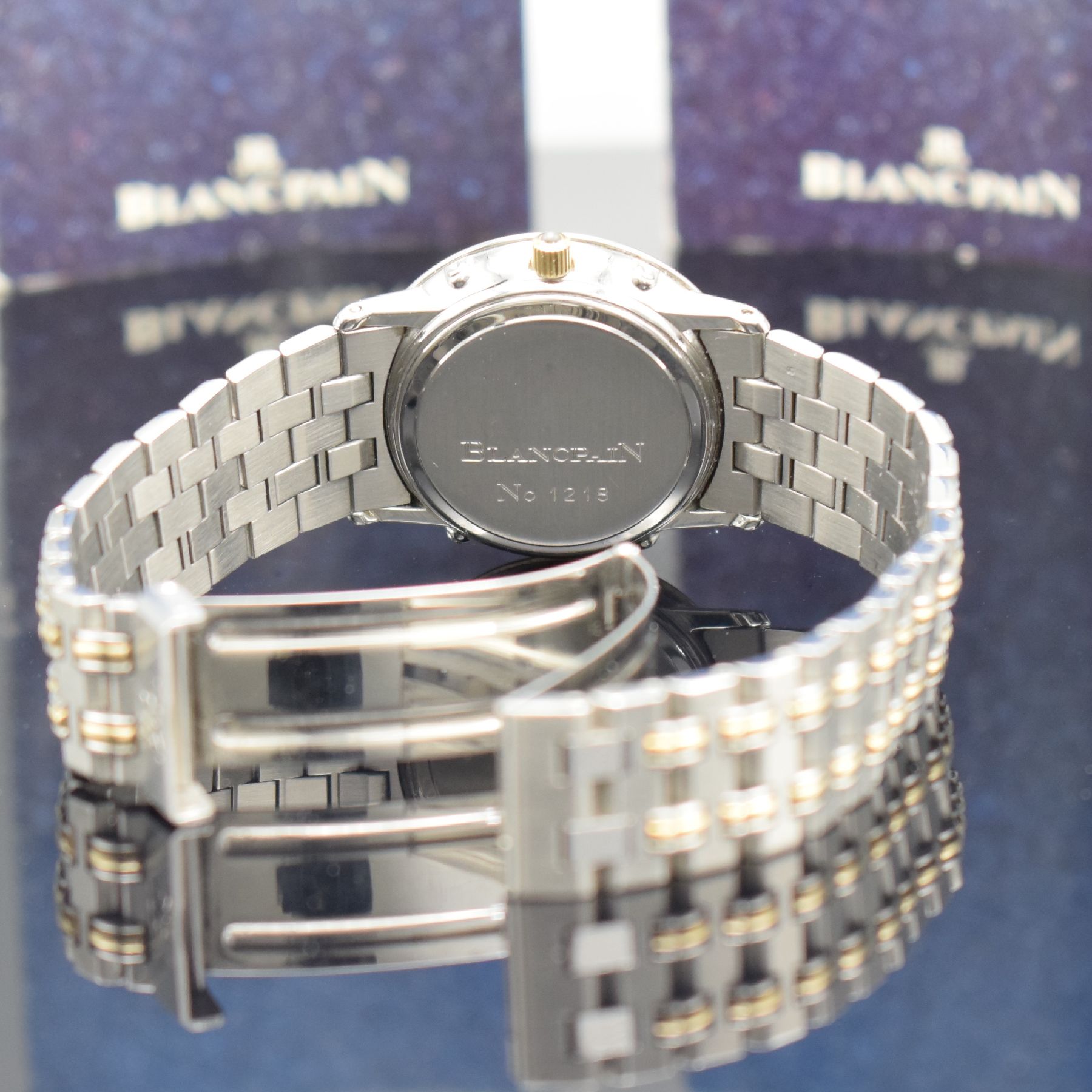 Detail f: BLANCPAIN Herrenarmbanduhr mit Vollkalender & Mondphase in Stahl/Gold, Schweiz verk. lt. beil. Pap. 05/1987, Automatik, Boden & Glasrand aufgedr., ...