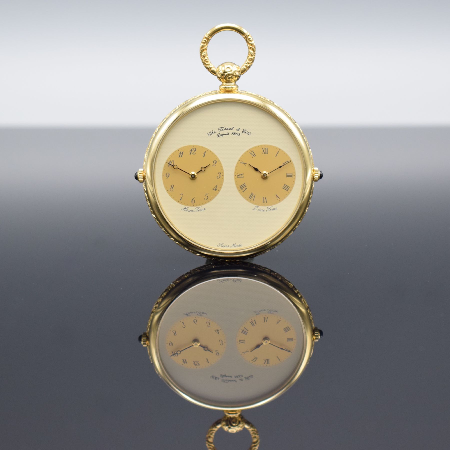 CHS.TISSOT & FILS offene vergoldete Taschenuhr mit 2-Zeiten, Schweiz um 1985, Glasrand & Boden gedr., 2 Schmuckkronen, champagnerfarb. Zifferbl., ...