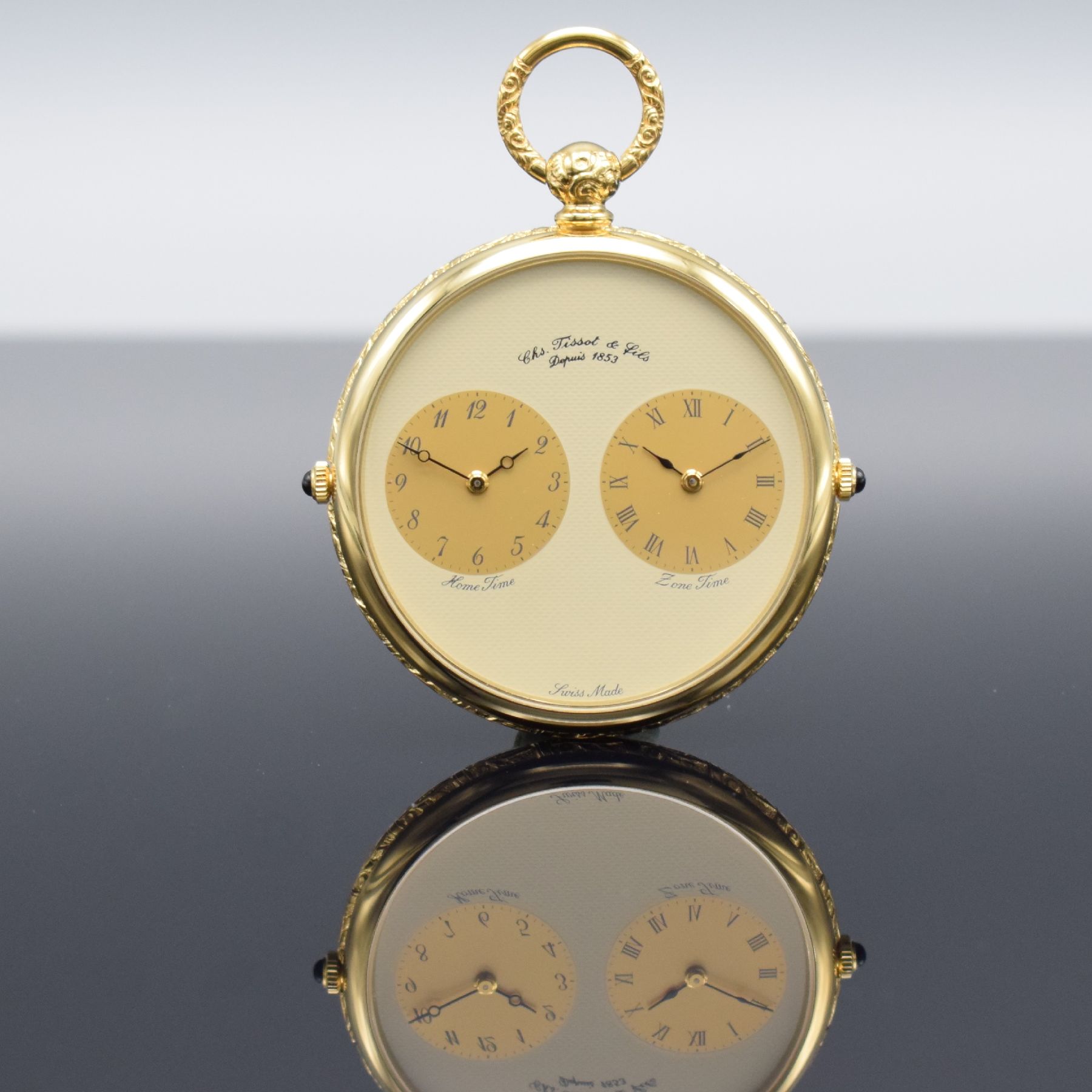 Detail a: CHS.TISSOT & FILS offene vergoldete Taschenuhr mit 2-Zeiten, Schweiz um 1985, Glasrand & Boden gedr., 2 Schmuckkronen, champagnerfarb. Zifferbl., ...