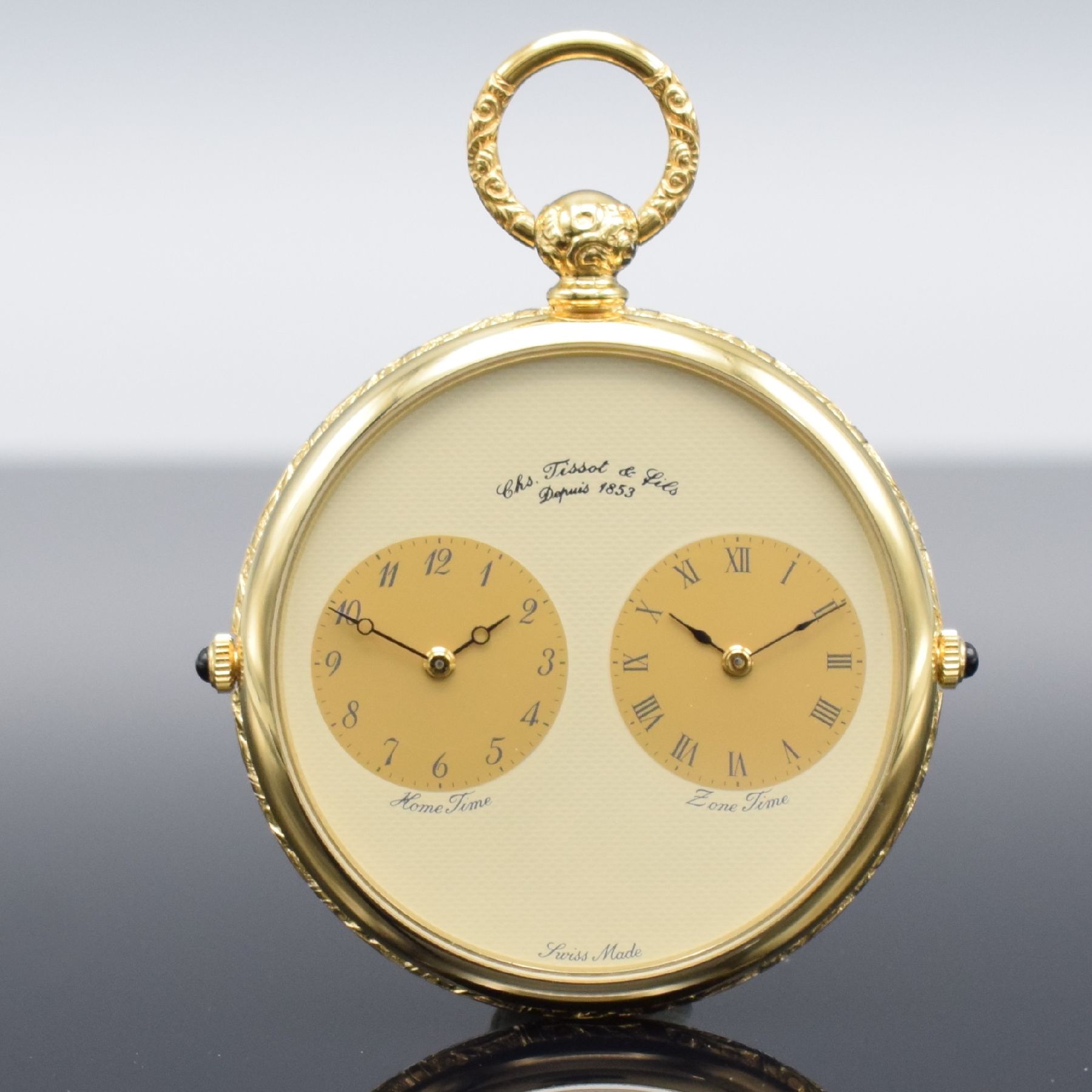 Detail b: CHS.TISSOT & FILS offene vergoldete Taschenuhr mit 2-Zeiten, Schweiz um 1985, Glasrand & Boden gedr., 2 Schmuckkronen, champagnerfarb. Zifferbl., ...