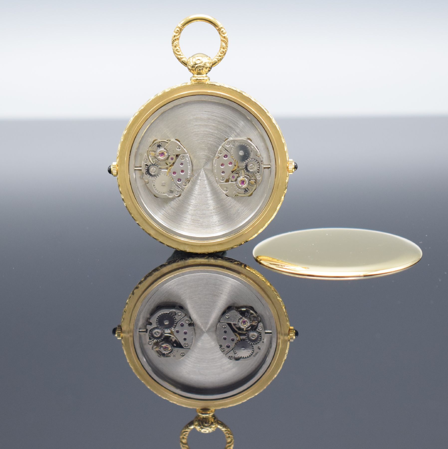 Detail e: CHS.TISSOT & FILS offene vergoldete Taschenuhr mit 2-Zeiten, Schweiz um 1985, Glasrand & Boden gedr., 2 Schmuckkronen, champagnerfarb. Zifferbl., ...