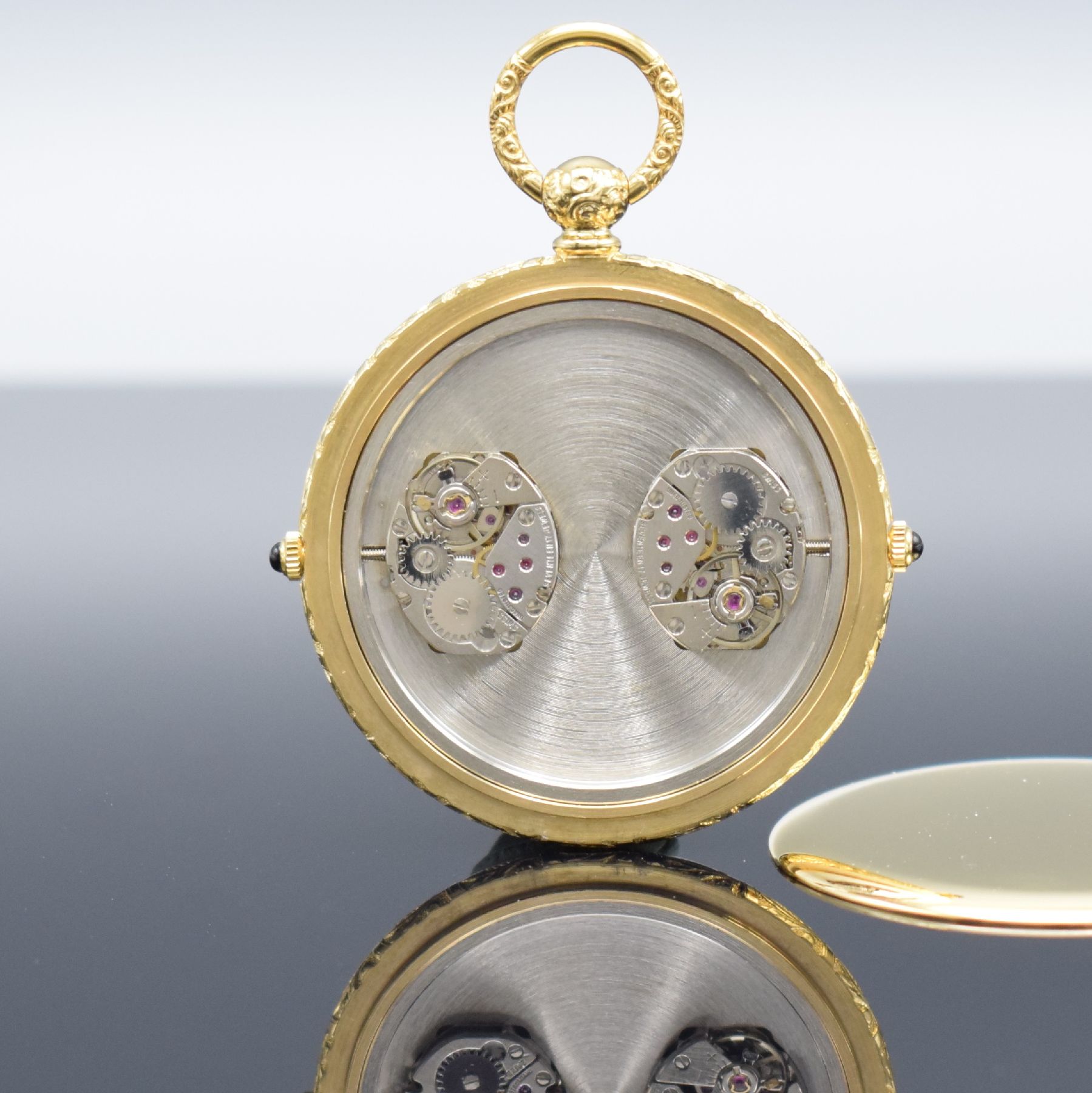 Detail f: CHS.TISSOT & FILS offene vergoldete Taschenuhr mit 2-Zeiten, Schweiz um 1985, Glasrand & Boden gedr., 2 Schmuckkronen, champagnerfarb. Zifferbl., ...