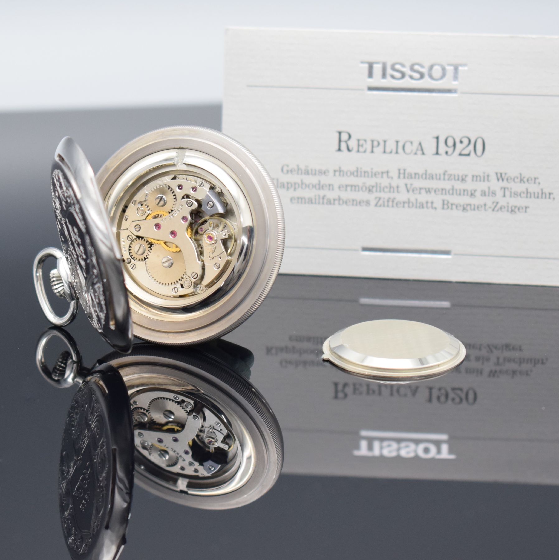 Detail b: TISSOT Replica 1920 offene Taschenuhr mit Wecker, Schweiz um 1990, rhod. aufstellbares Gehäuse, emailfarb. Zifferbl., mittig blau lackiert, ...