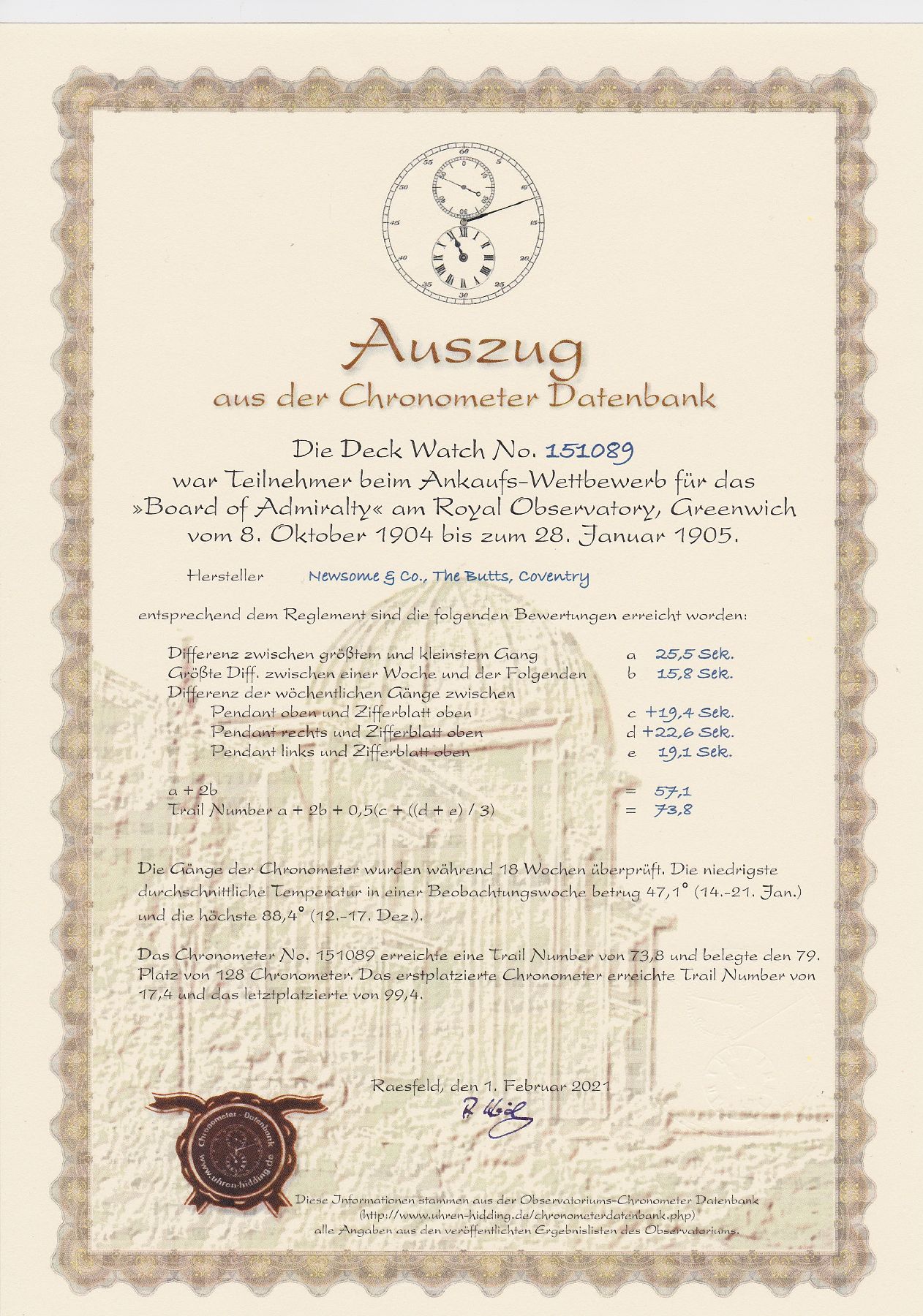 Detail m: NEWSOME & Co seltene H.S.2-Beobachtungsuhr m. 52 1/2-Minuten-Karussell in Silber, Hallmark Chester 1902, offenes Scharniergeh., Lünette gedr. ohne ...