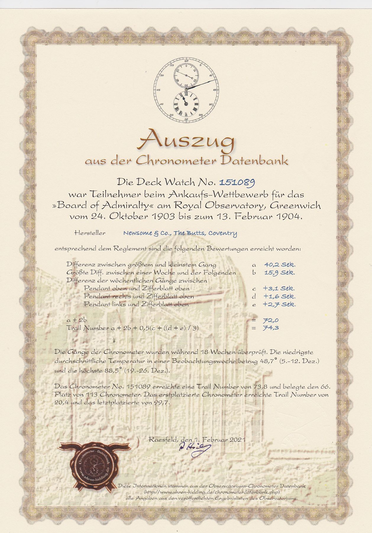 Detail n: NEWSOME & Co seltene H.S.2-Beobachtungsuhr m. 52 1/2-Minuten-Karussell in Silber, Hallmark Chester 1902, offenes Scharniergeh., Lünette gedr. ohne ...