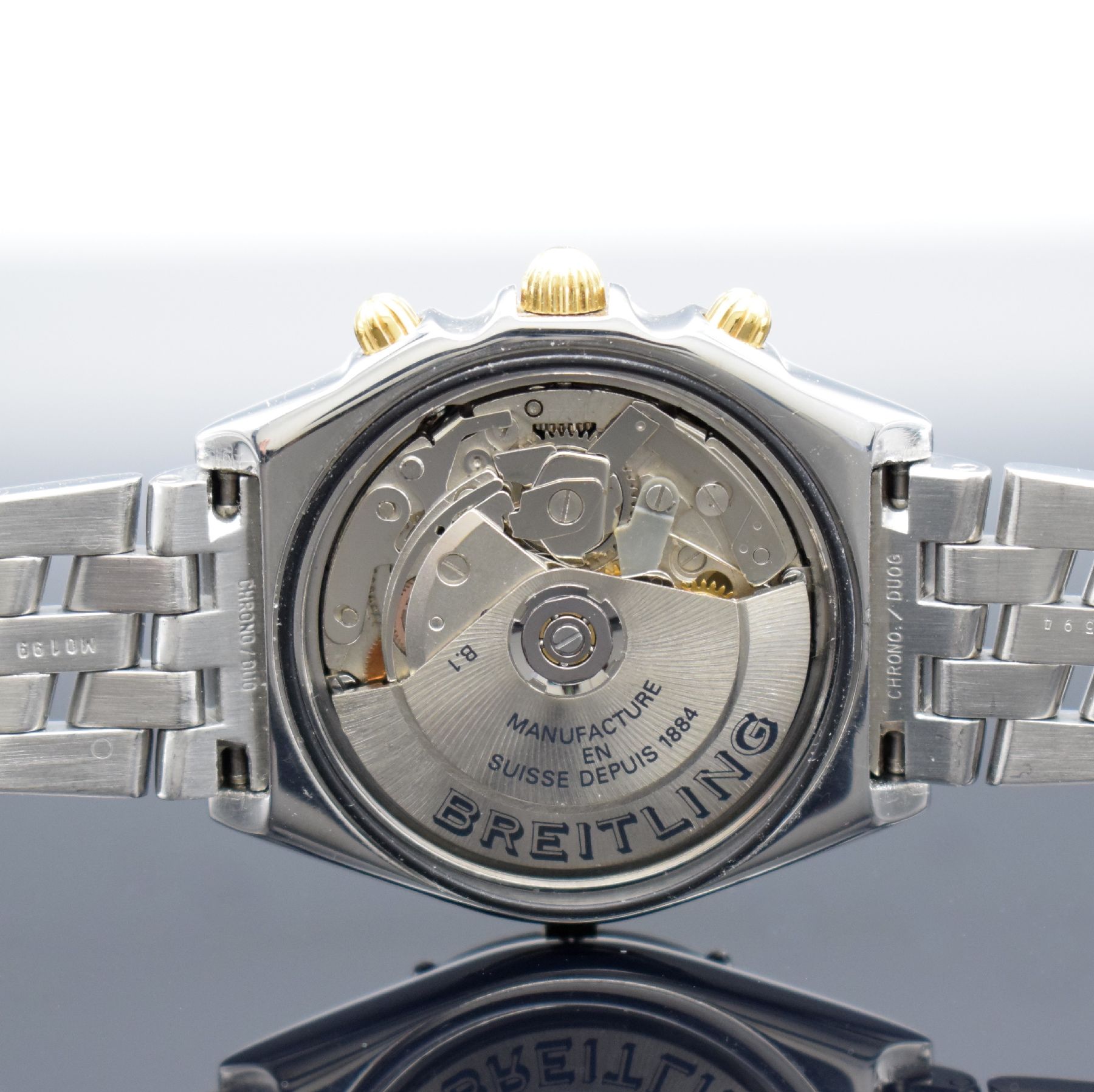 Detail f: BREITLING Chronomat Herrenarmbanduhr, Automatik, Schweiz um 1995, Ref. 81.950, Edelstahl/Gold komb. inkl. Pilotband m. Faltschl., Boden & Krone ...