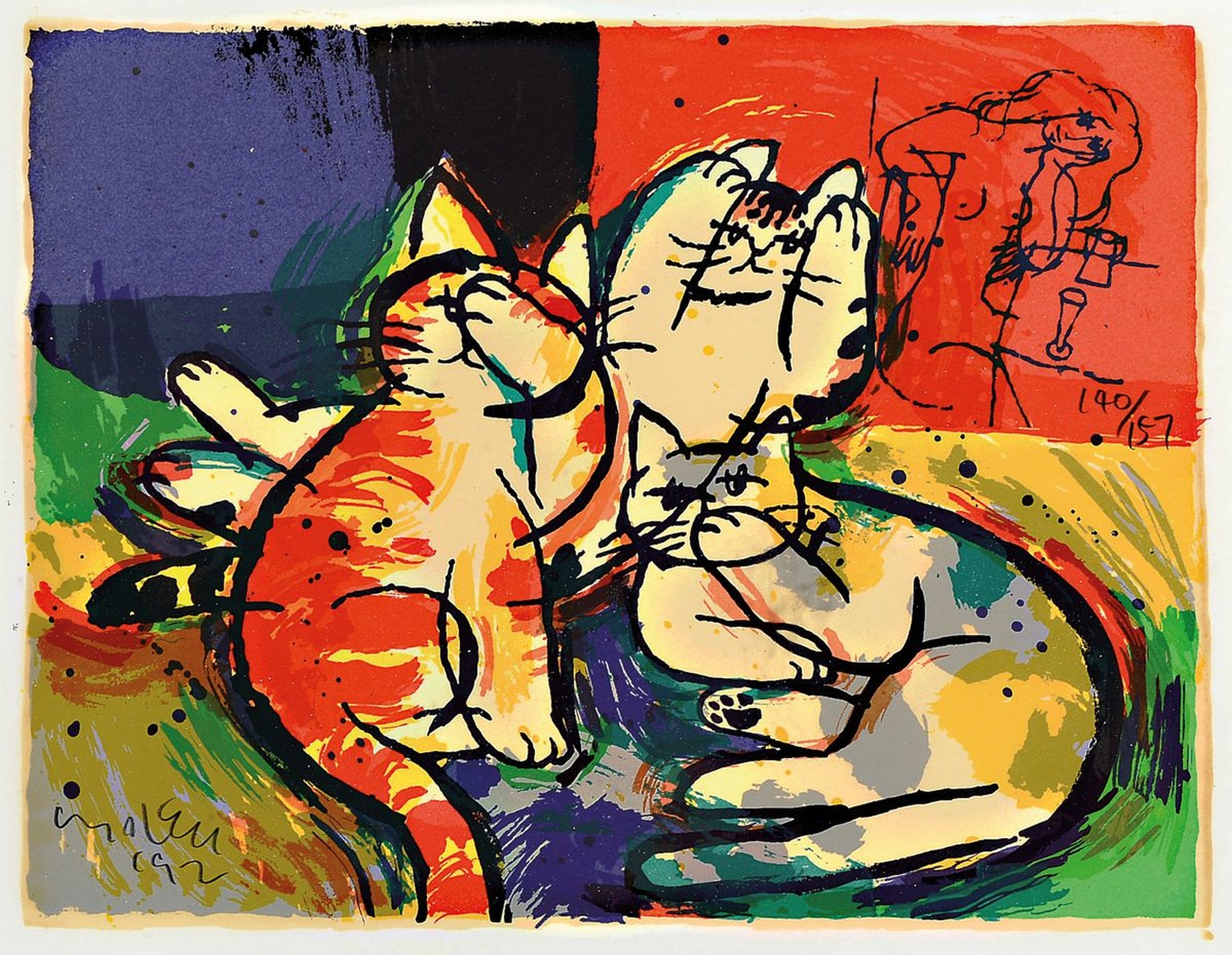 Michael Leu,geb. 1951, drei Katzen, "Three no evils", original Farbserigrafie, 1992, Auflage 157 Exemplare auf Bütten, num. und ...