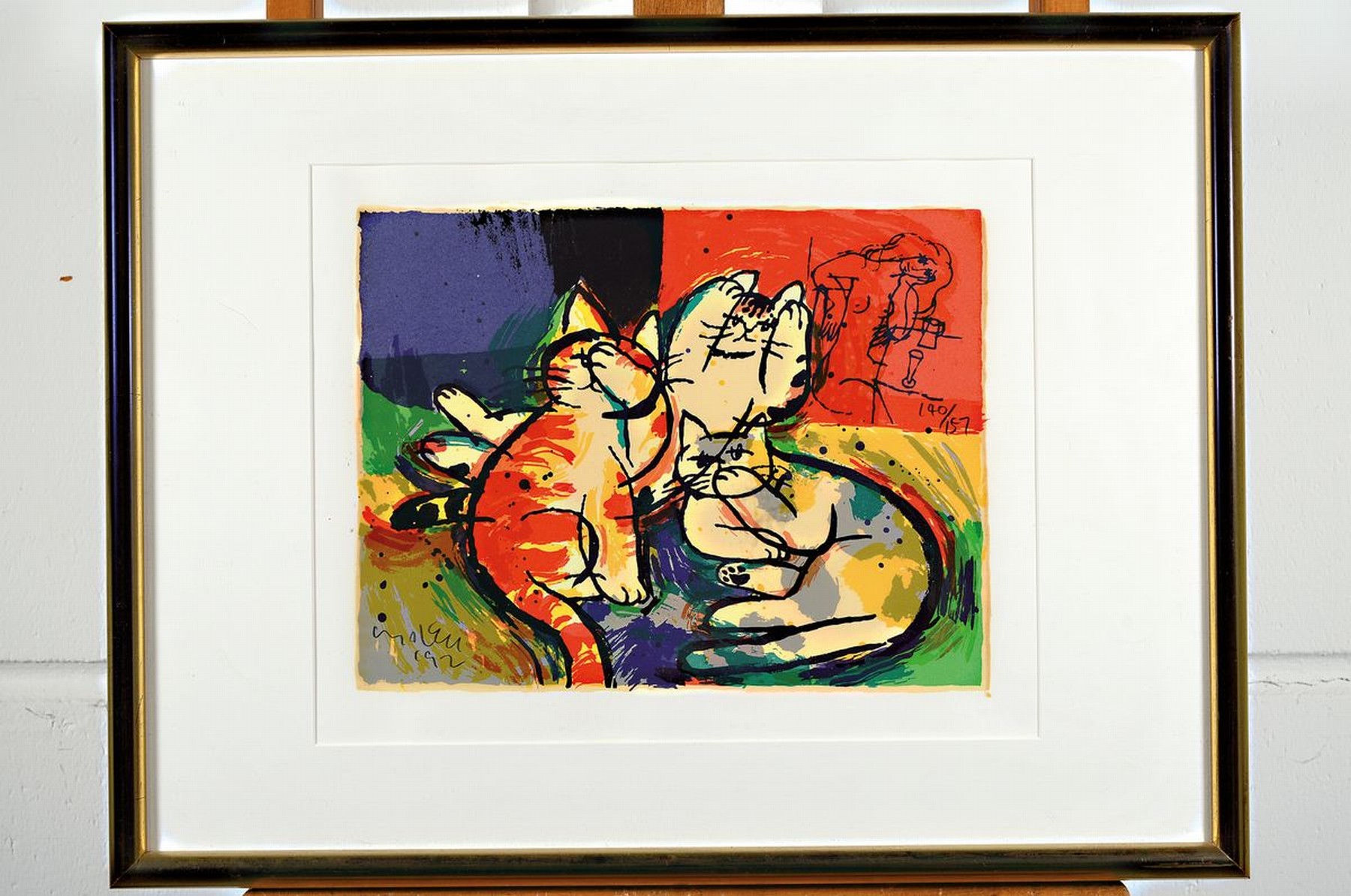 Detail k: Michael Leu,geb. 1951, drei Katzen, "Three no evils", original Farbserigrafie, 1992, Auflage 157 Exemplare auf Bütten, num. und ...