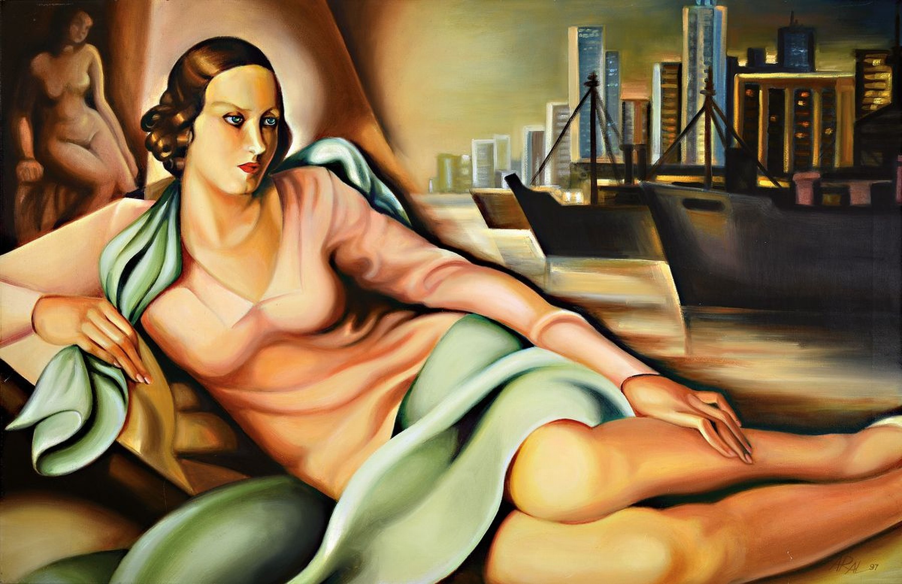 Armando Alfonso, zeitgenössischer spanischer Künstler, Liegende Frau vor Metropol Kulisse, Hommage a Tamara de Lempicka, so rückseitig betitelt, ...