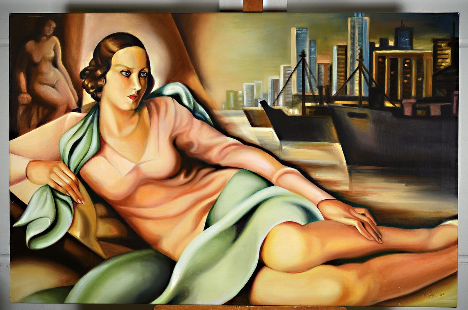 Detail k: Armando Alfonso, zeitgenössischer spanischer Künstler, Liegende Frau vor Metropol Kulisse, Hommage a Tamara de Lempicka, so rückseitig betitelt, ...