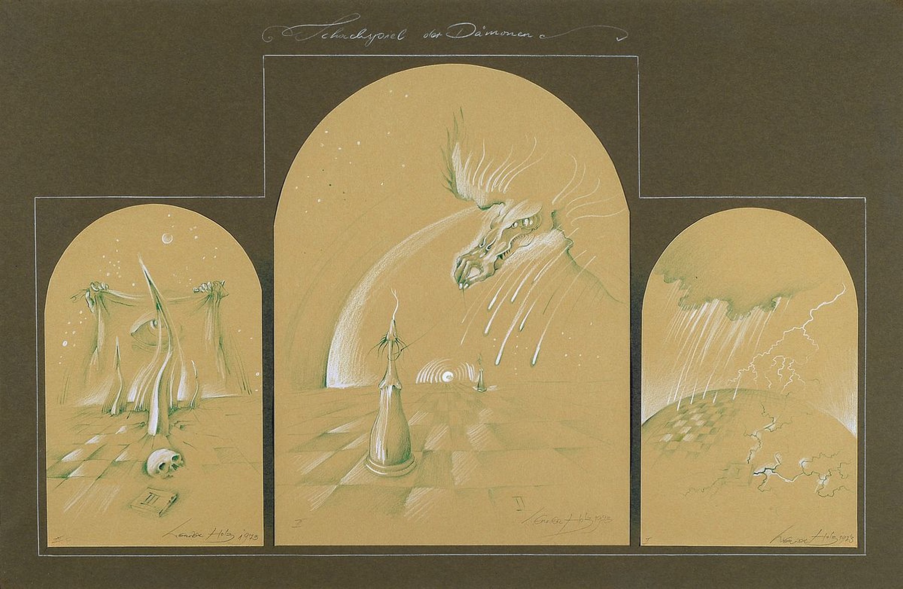 Werner Holz, 1948 Grünstadt-1991 Ludwigshafen, namhafter Vertreter des Phantastischen Realismus, Schachspiel der Dämonen, Triptychon aus drei ...