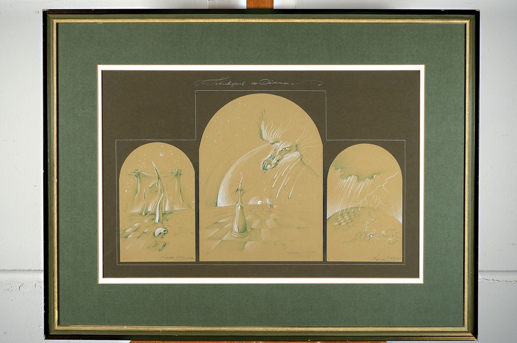 Detail k: Werner Holz, 1948 Grünstadt-1991 Ludwigshafen, namhafter Vertreter des Phantastischen Realismus, Schachspiel der Dämonen, Triptychon aus drei ...