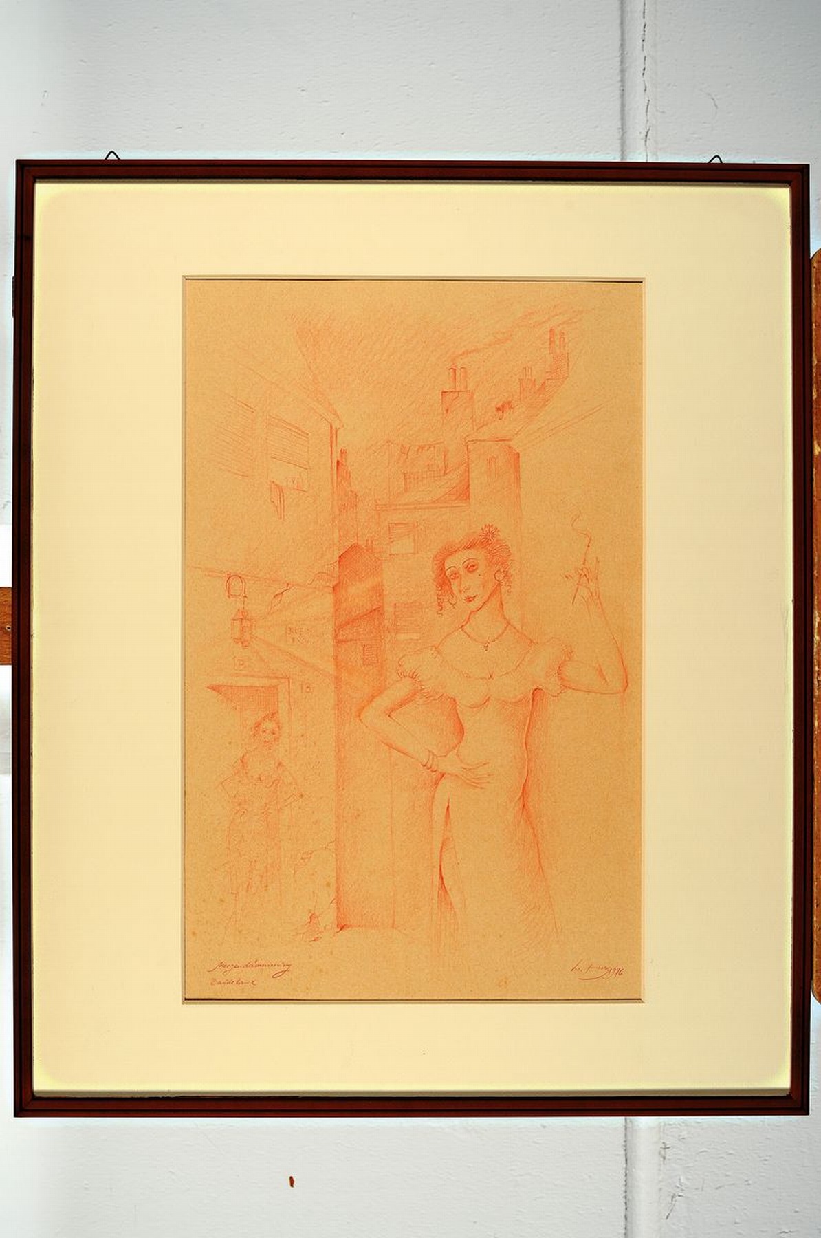 Detail k: Werner Holz, 1948 Grünstadt-1991 Ludwigshafen, namhafter Vertreter des Phantastischen Realismus, Morgendämmerung-Baudelaire, Rötelzeichnung auf ...