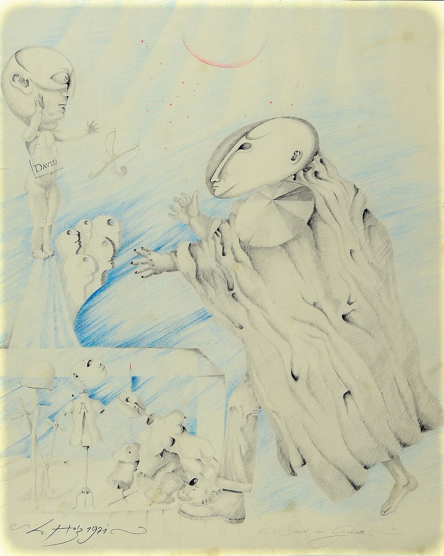 Werner Holz, 1948 Grünstadt-1991 Ludwigshafen, namhafter Vertreter des Phantastischen Realismus, David und Goliath, Bleistift und Buntstift auf ...
