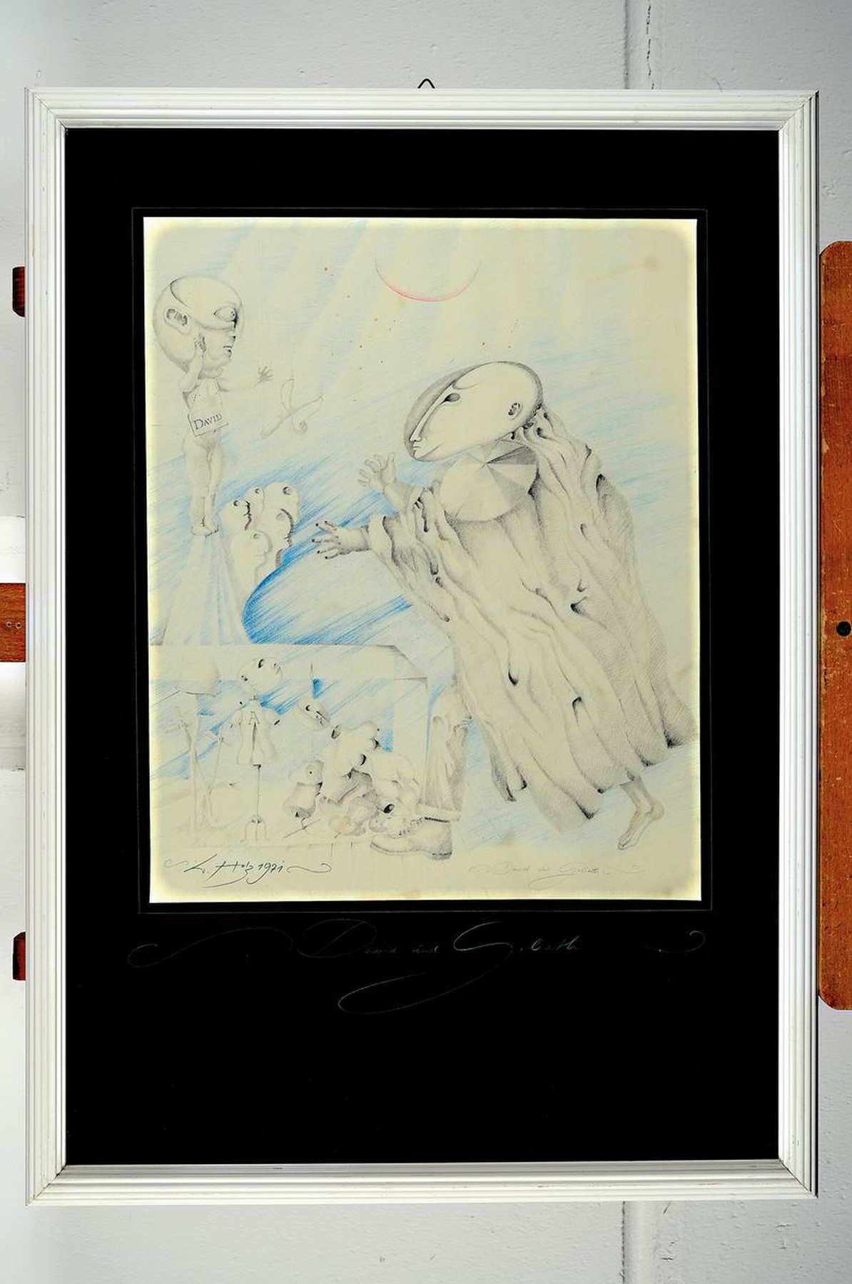 Detail k: Werner Holz, 1948 Grünstadt-1991 Ludwigshafen, namhafter Vertreter des Phantastischen Realismus, David und Goliath, Bleistift und Buntstift auf ...