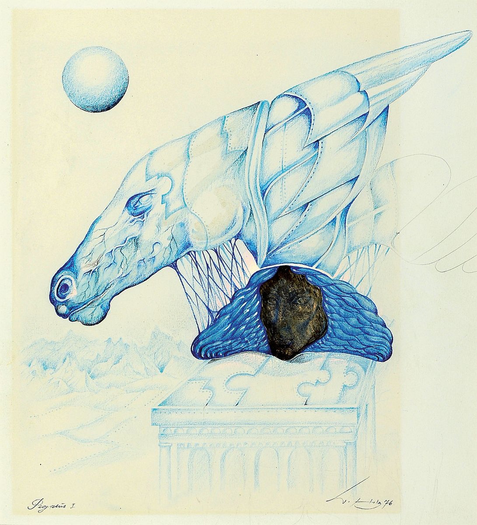 Werner Holz, 1948 Grünstadt-1991 Ludwigshafen, namhafter Vertreter des Phantastischen Realismus, Pegasus I, Mischtechnik auf Papier,rechts unten ...