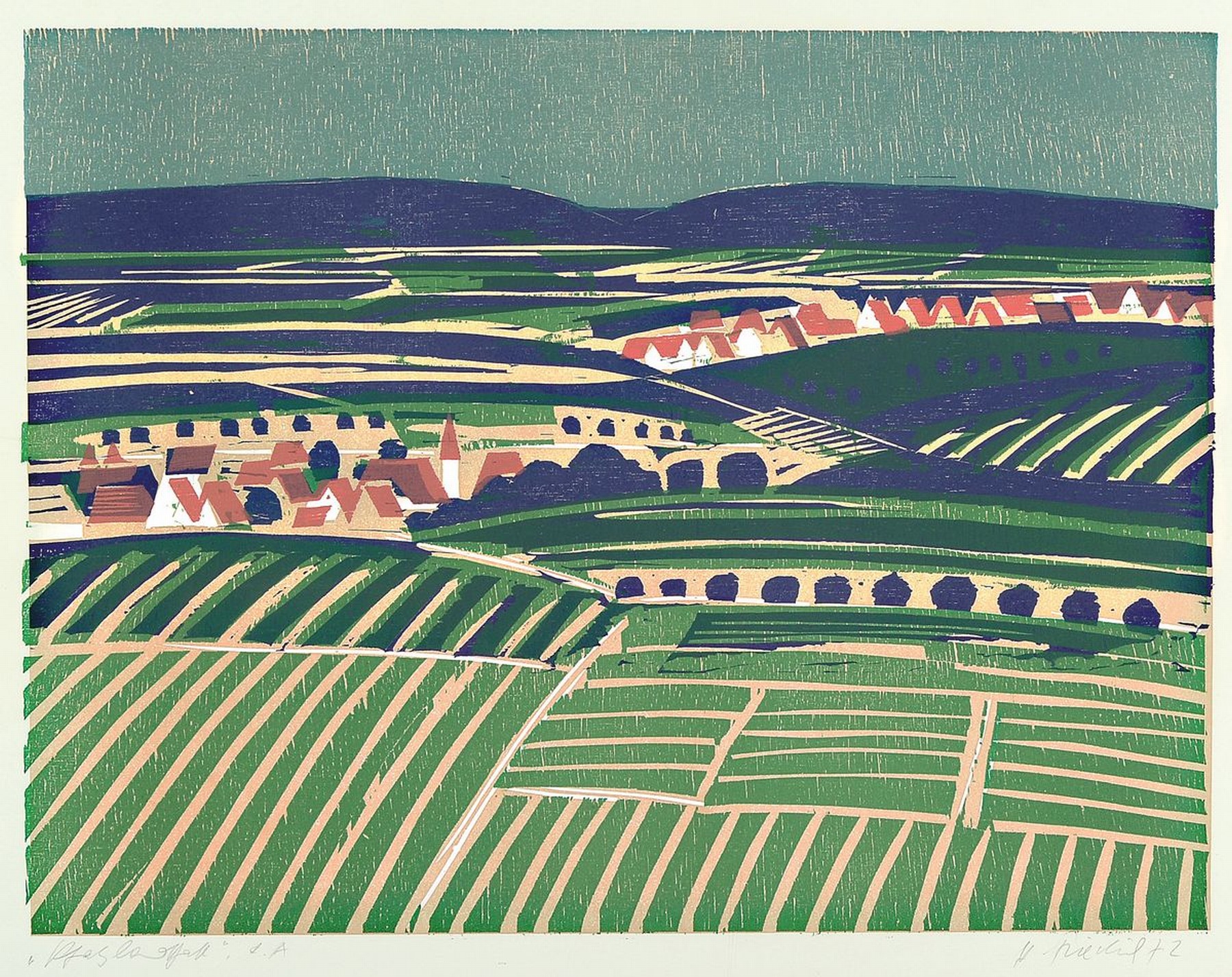 Detail b: Heinz Friedrich, 1924-2018 Schwetzingen, zwei Farbholzschnitte: Pfalz Landschaft, signiert und dat. 72, bez.: e.a., ca. 38x51cm, Pp, u.Gl., R. ca. ...