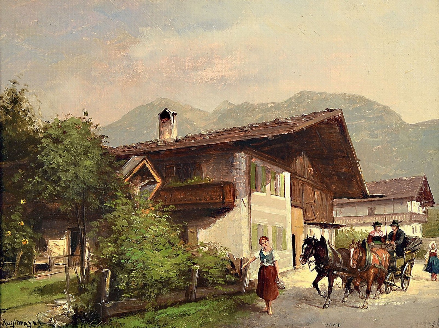 Max Kugelmayer, 1863- ca. 1930, 2 Pendants: Alpenlandschaften mit Begegnungen von Personen vor den Häusern, Öl/Lwd, links unten signiert, je ca. ...