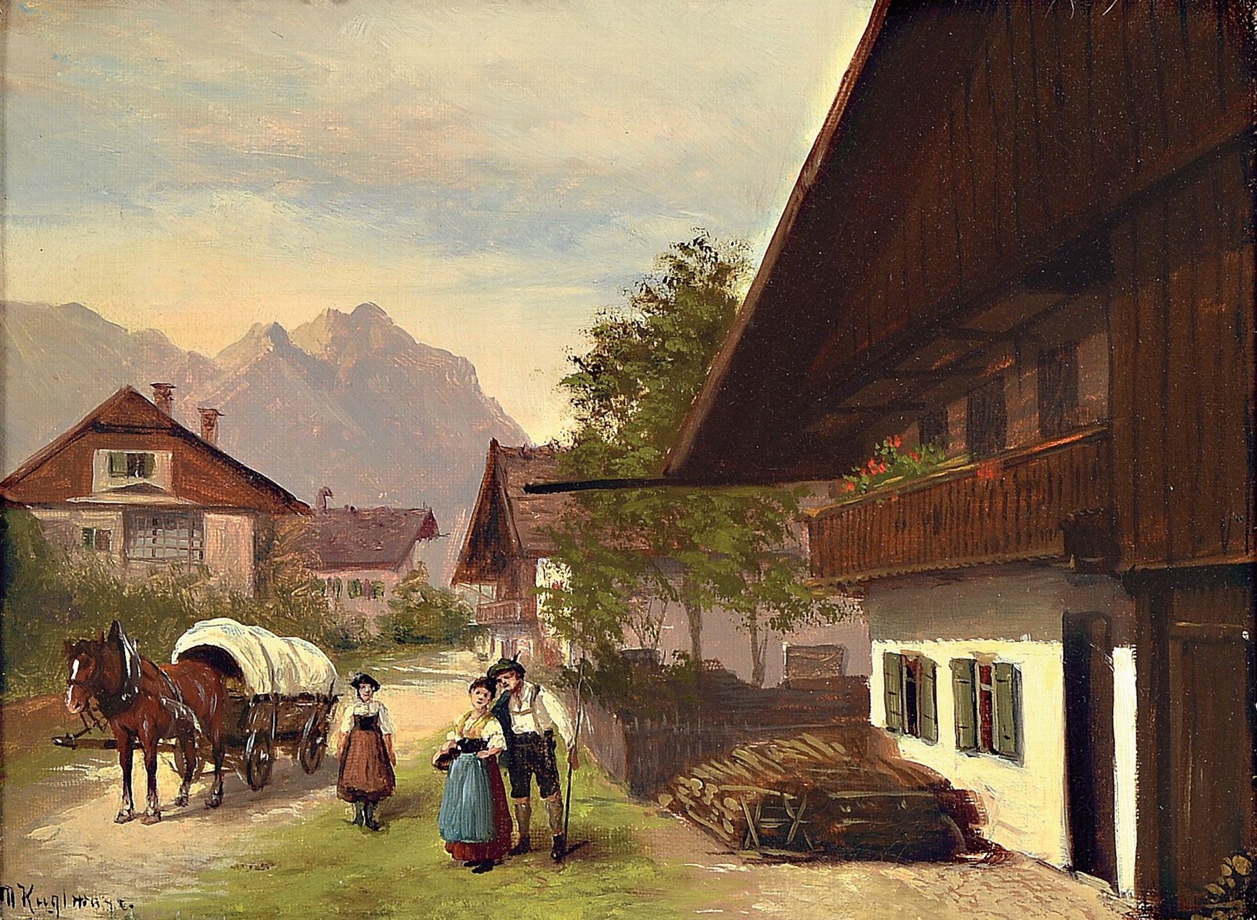 Detail a: Max Kugelmayer, 1863- ca. 1930, 2 Pendants: Alpenlandschaften mit Begegnungen von Personen vor den Häusern, Öl/Lwd, links unten signiert, je ca. ...