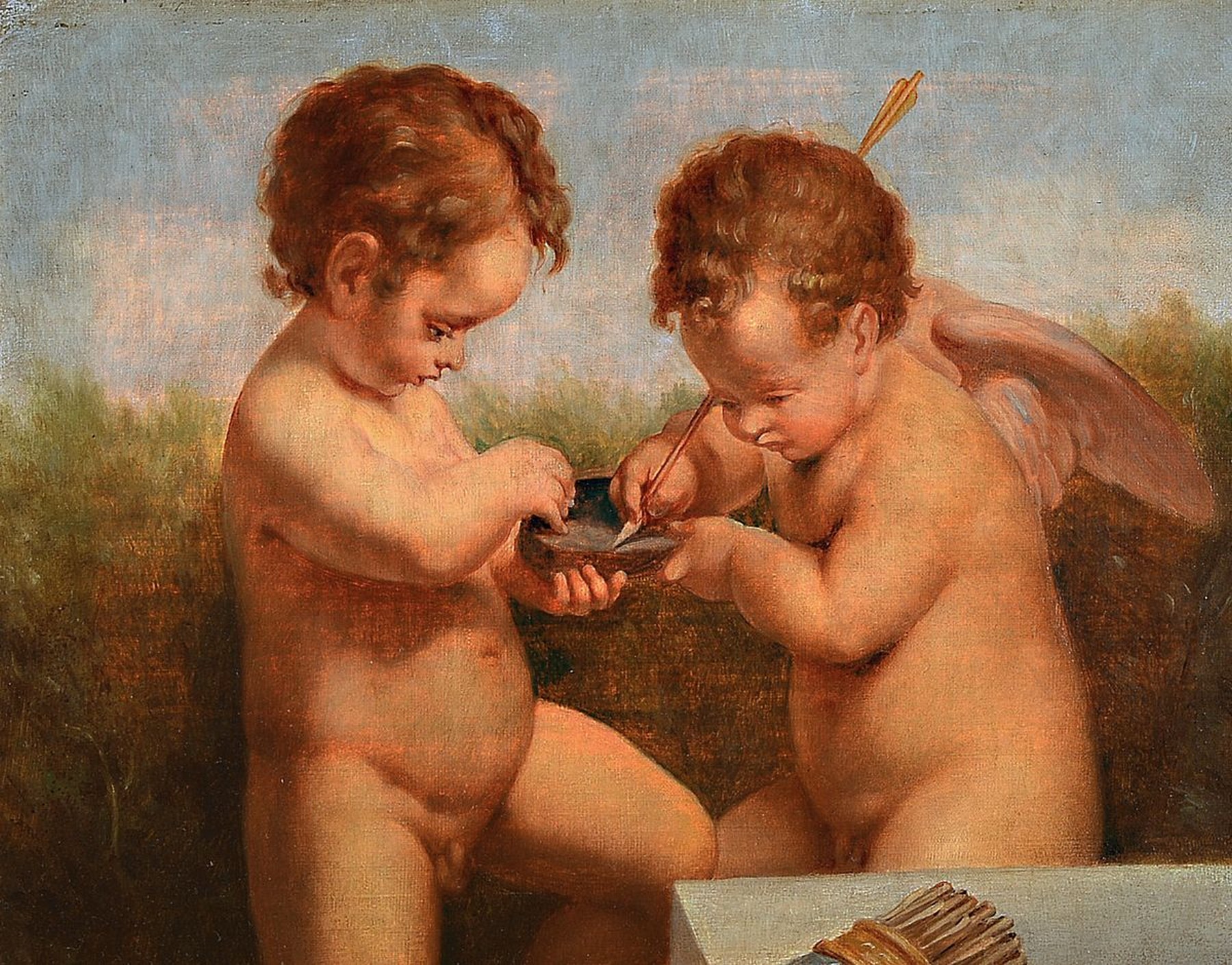 Unbekannter Maler, um 1900, zwei Putten beim Schärfen ihrer Pfeilspitzen, Öl/Lwd, ca. 22x28cm, R. ca. 32x42cm
